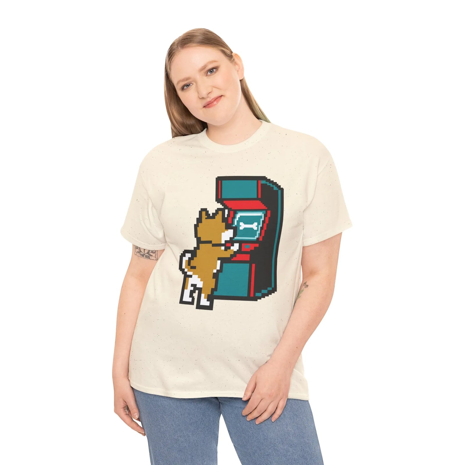 8-Bit Pixel Gaming Dog T-Shirt - Heavyweight Cotton Classic Fit Tee - Unisex White