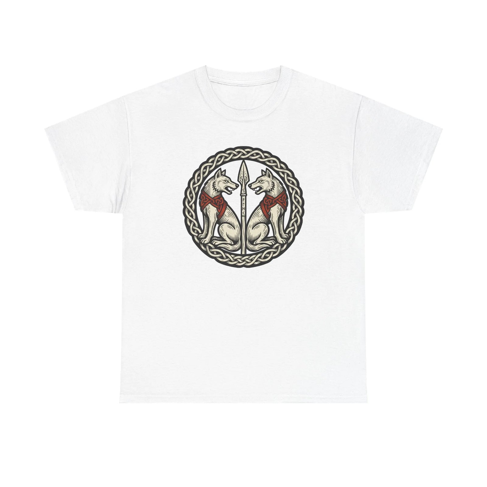 Geri and Freki Odin's Wolves Woodcut T-Shirt - Heavy Cotton Classic Fit Tee - Unisex White