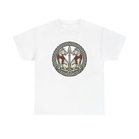 Geri and Freki Odin's Wolves Woodcut T-Shirt - Heavy Cotton Classic Fit Tee - Unisex White