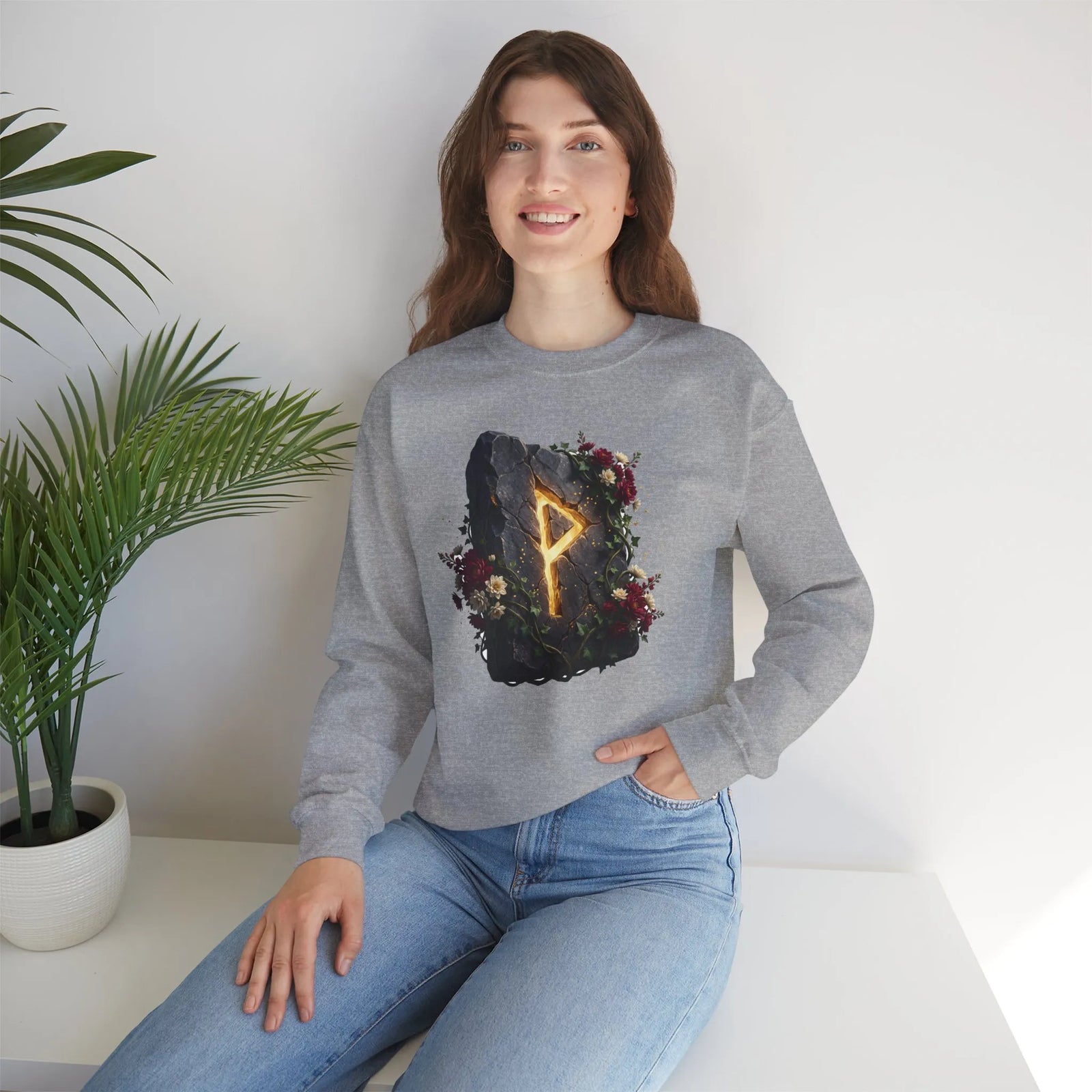 Wunjo Rune Blossom Sweatshirt - Heavy Blend Crewneck Fleece - Unisex Ash