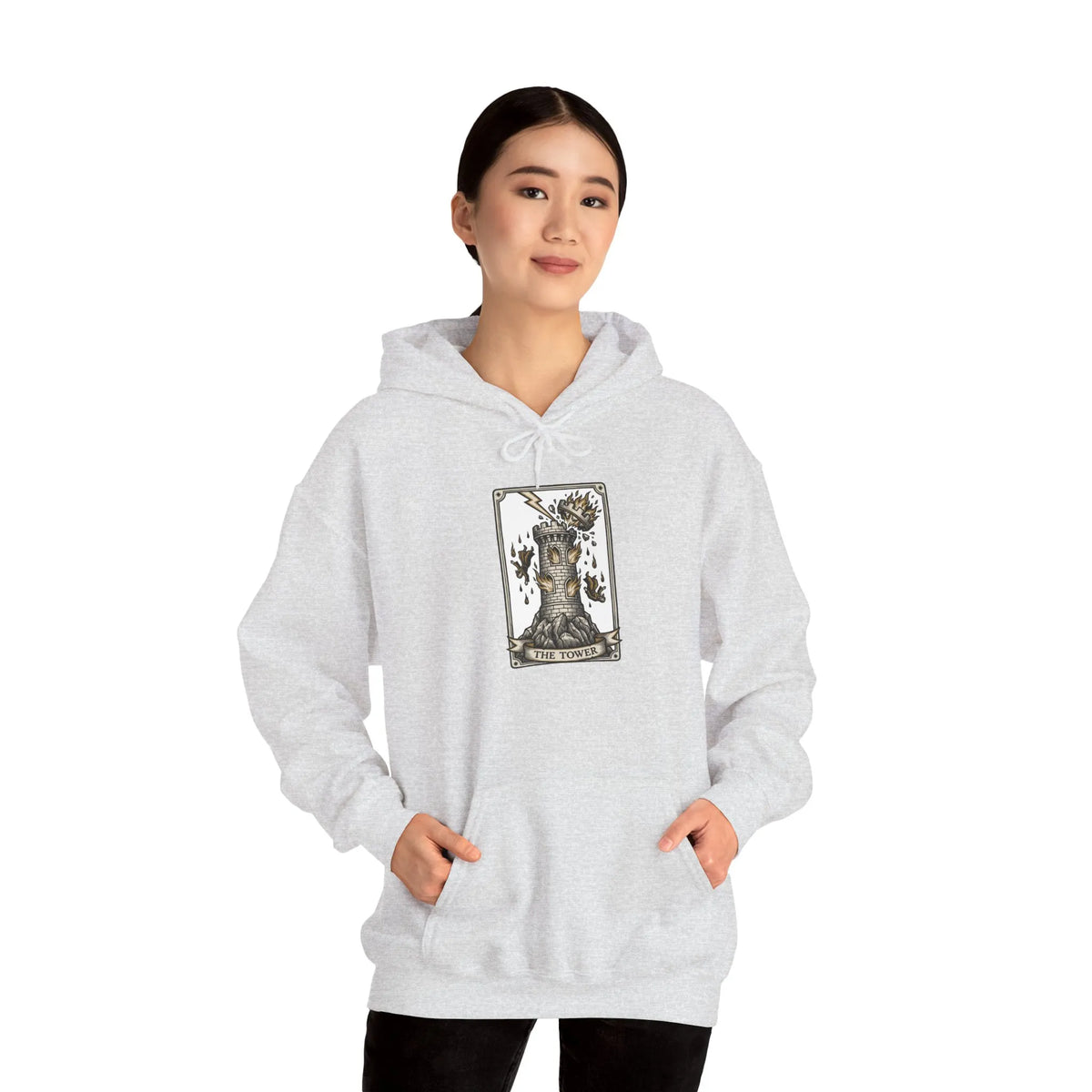 The Tower Tarot Card Hoodie - Heavy Blend Fleece Pullover - Unisex White