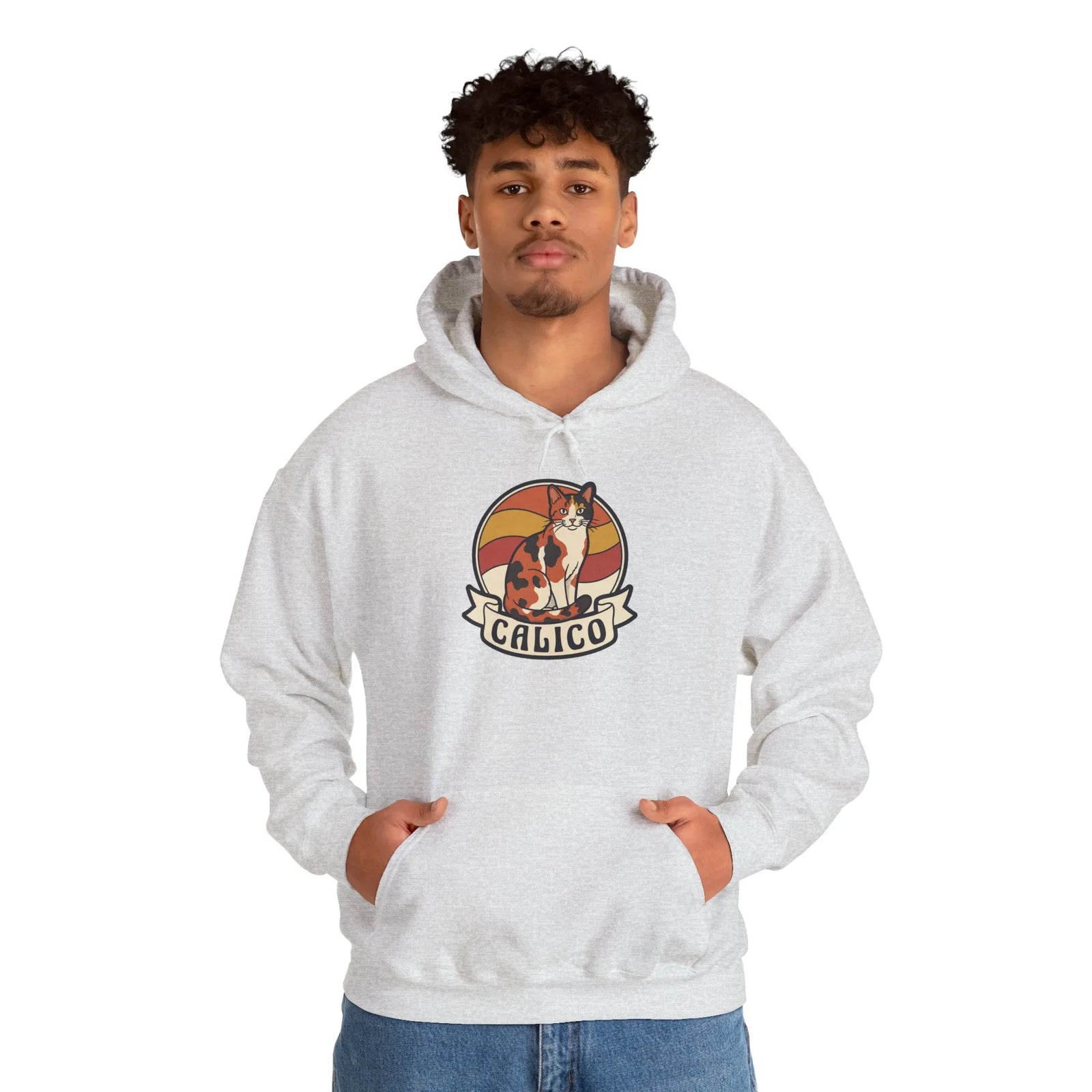 Calico Cat Retro Sunset Graphic Hoodie - Medium Weight Fleece Pullover - Unisex White