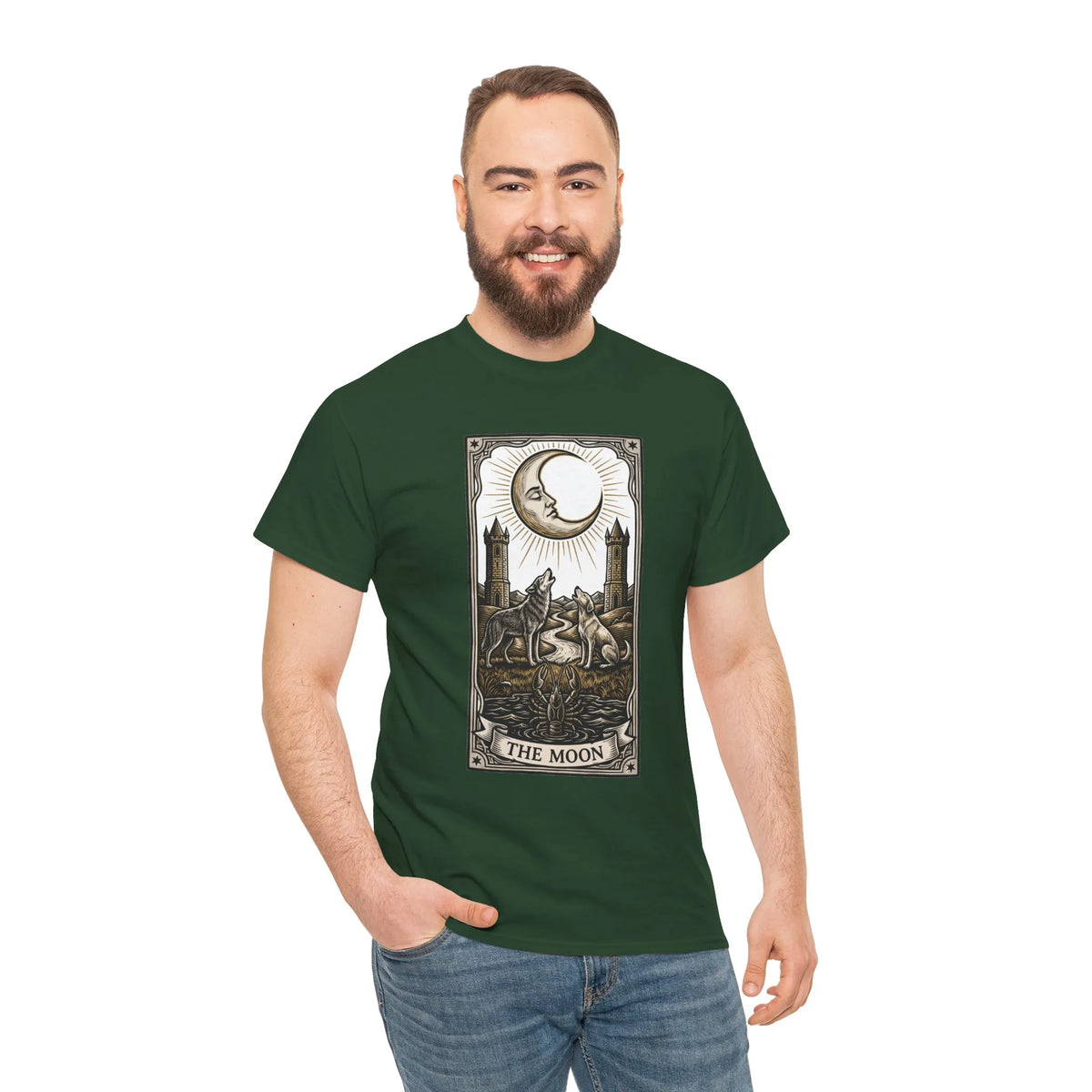 Moonlight Wolves Tarot Graphic T-Shirt - Heavy Cotton Classic Fit Crewneck - Unisex White
