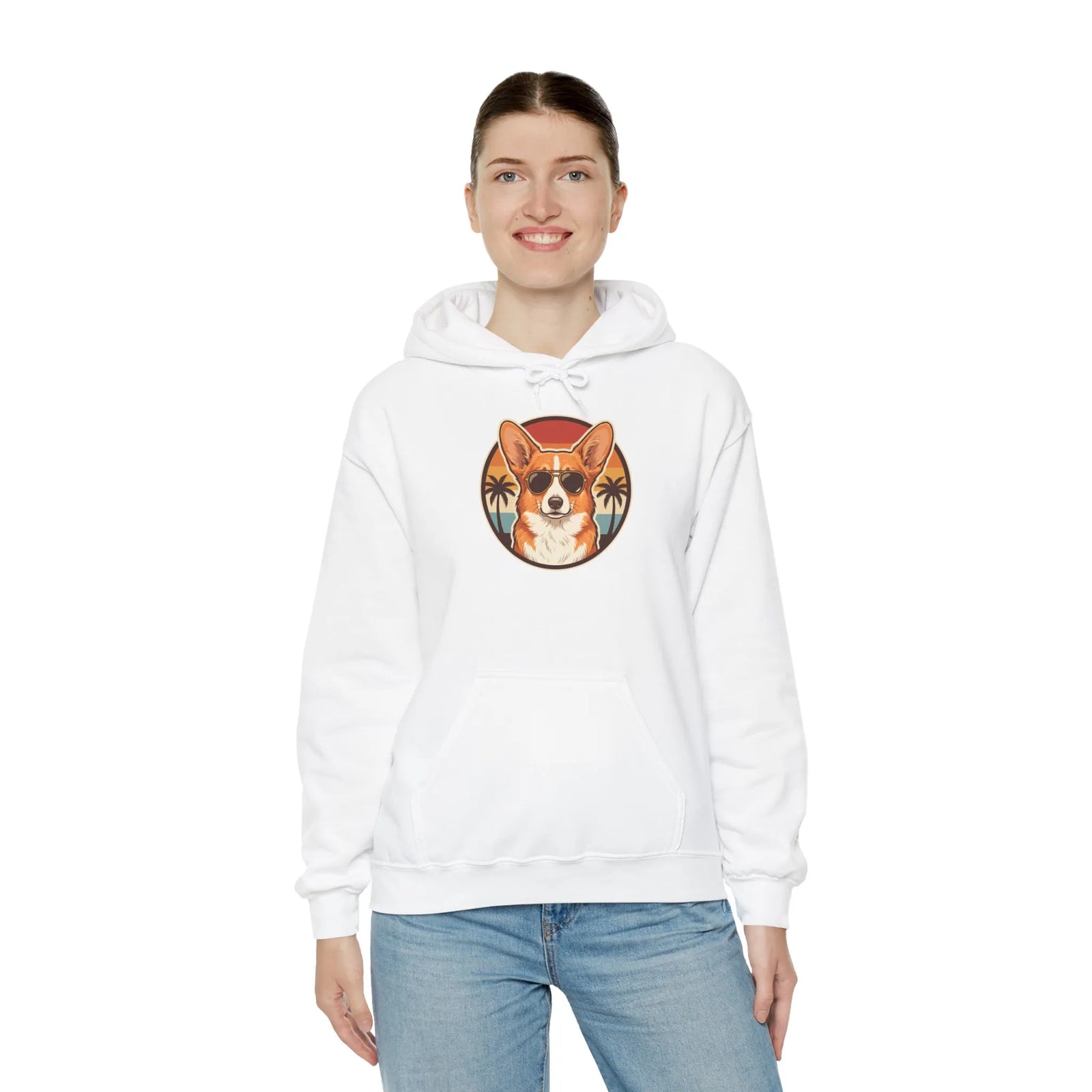Corgi Aviator Retro Sunset Hoodie - Heavyweight Fleece Pullover - Unisex White