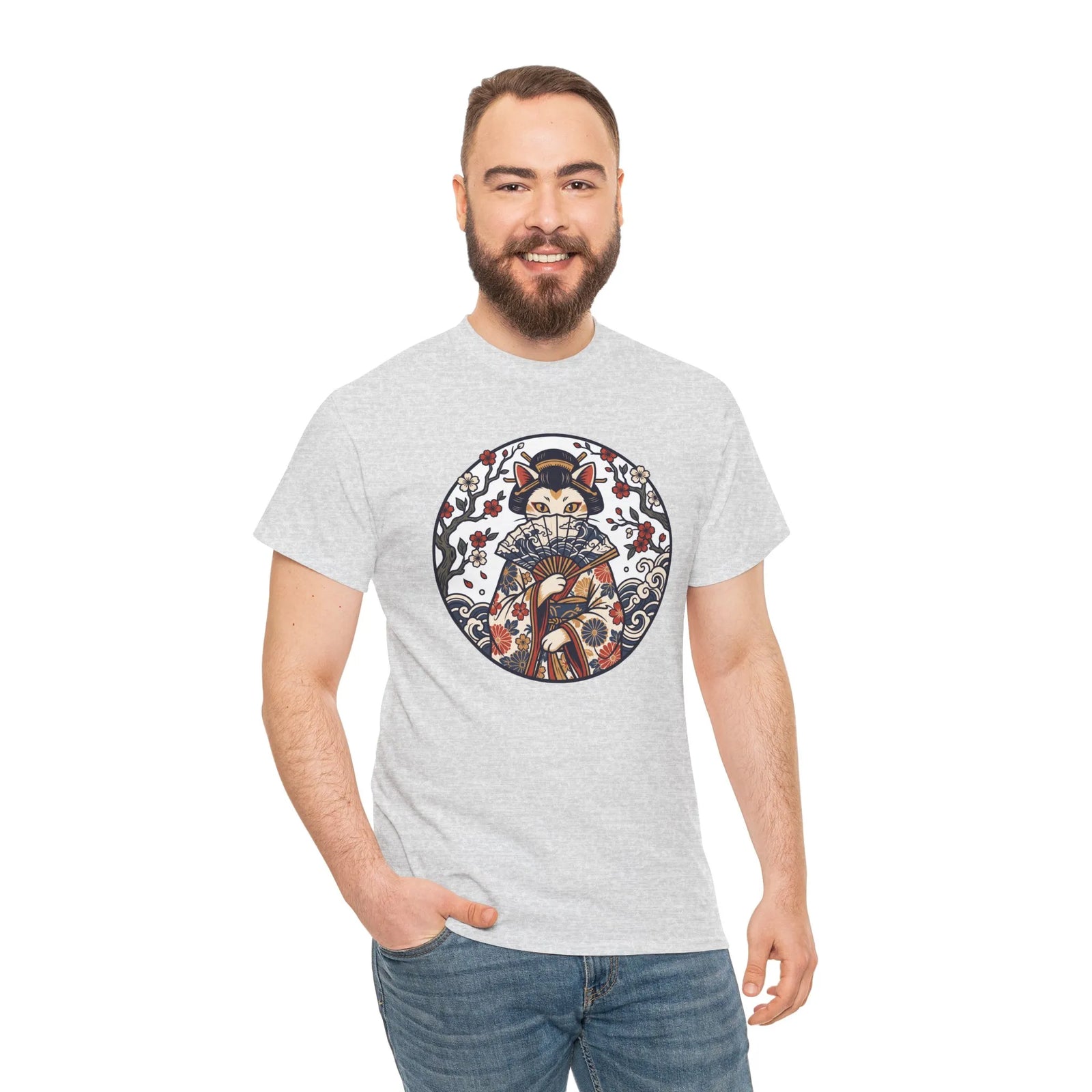 Ukiyo-e Samurai Cat Fan Dancer T-Shirt - Heavy Cotton Classic Fit Tee - Unisex White