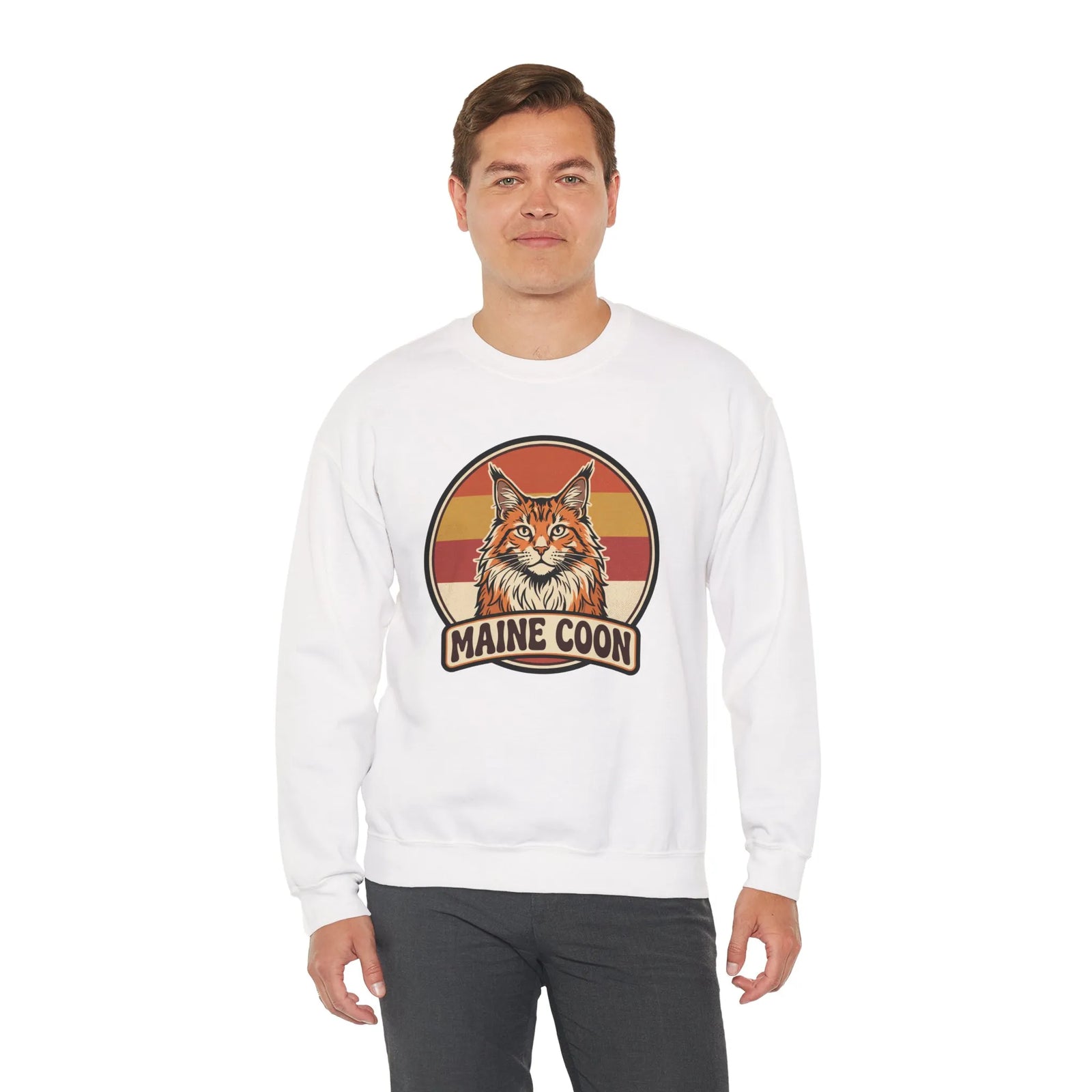 Maine Coon Retro 70s Sunset Sweatshirt - Soft 50/50 Cotton Blend Crewneck - Unisex White