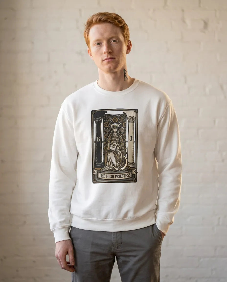 The High Priestess Tarot Card Sweatshirt - Heavy Blend Fleece Crewneck - Unisex White