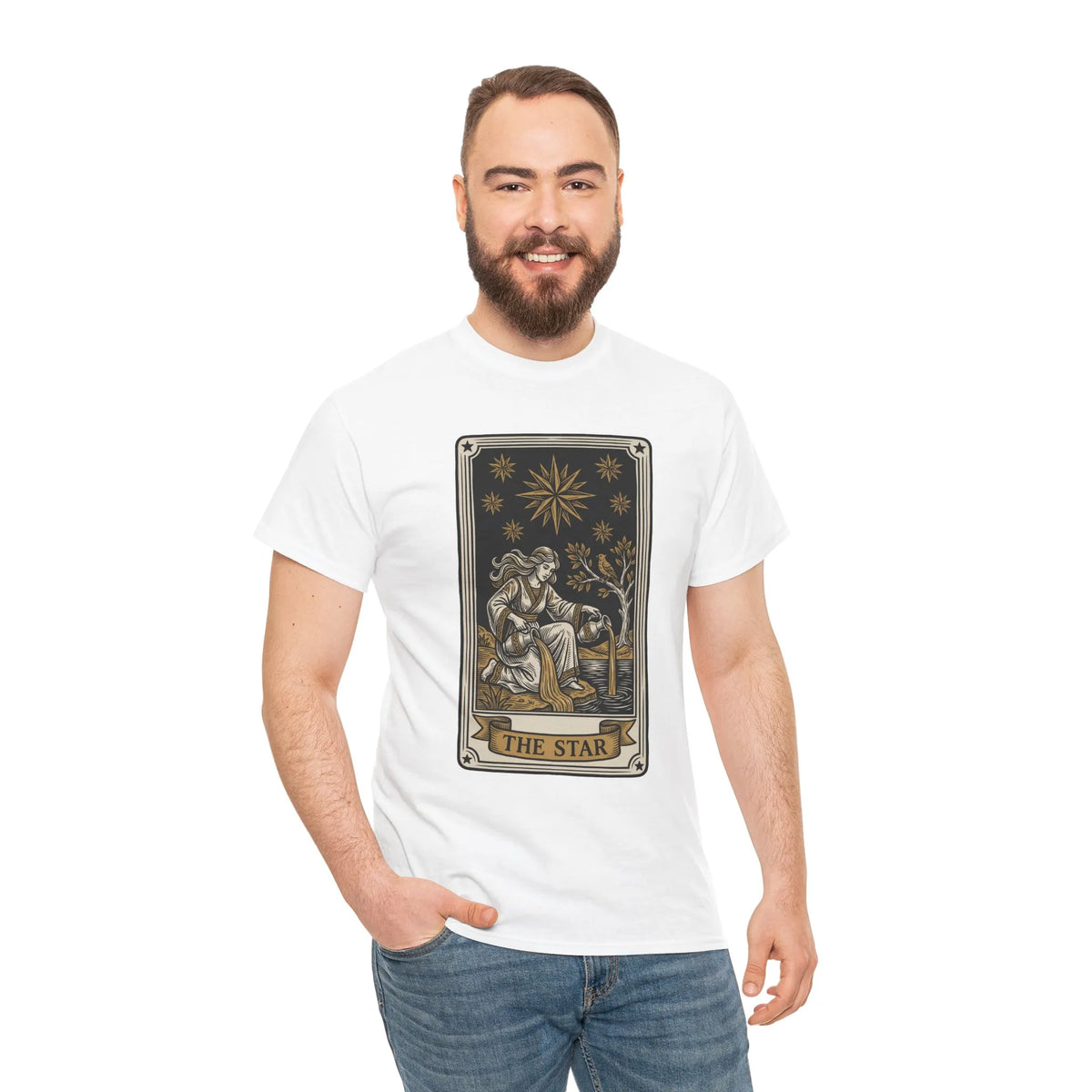 Tarot The Star Card Graphic T-Shirt - Heavy Cotton Classic Fit Tee - Unisex Off White