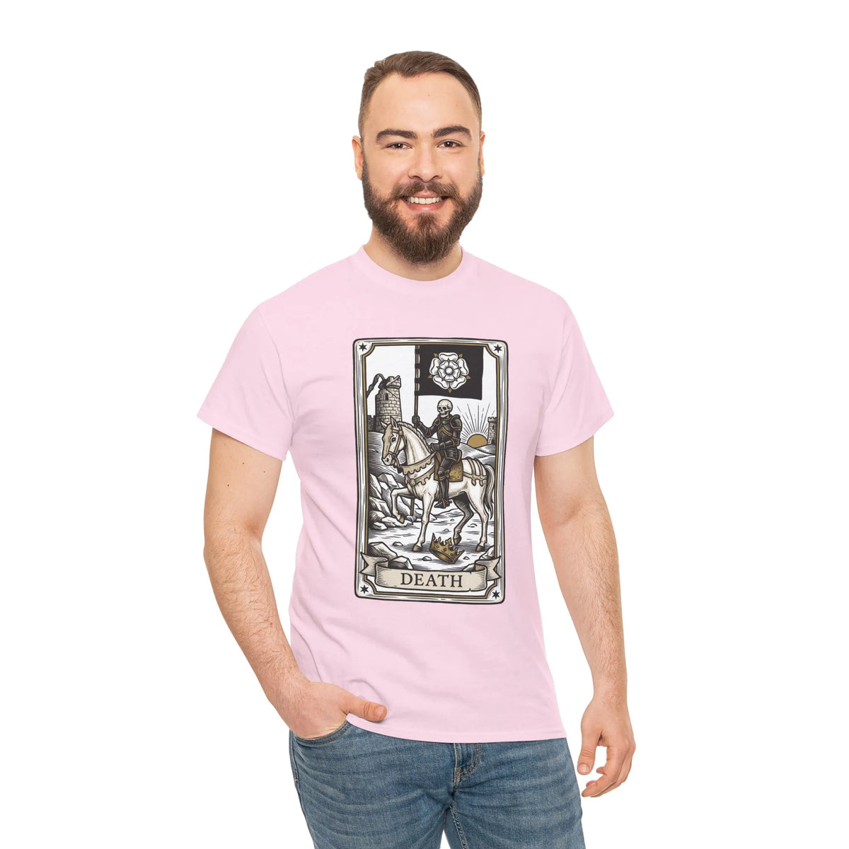Death Tarot Card Knight Graphic T-Shirt - Heavyweight 100% Cotton Classic Fit Tee - Unisex White