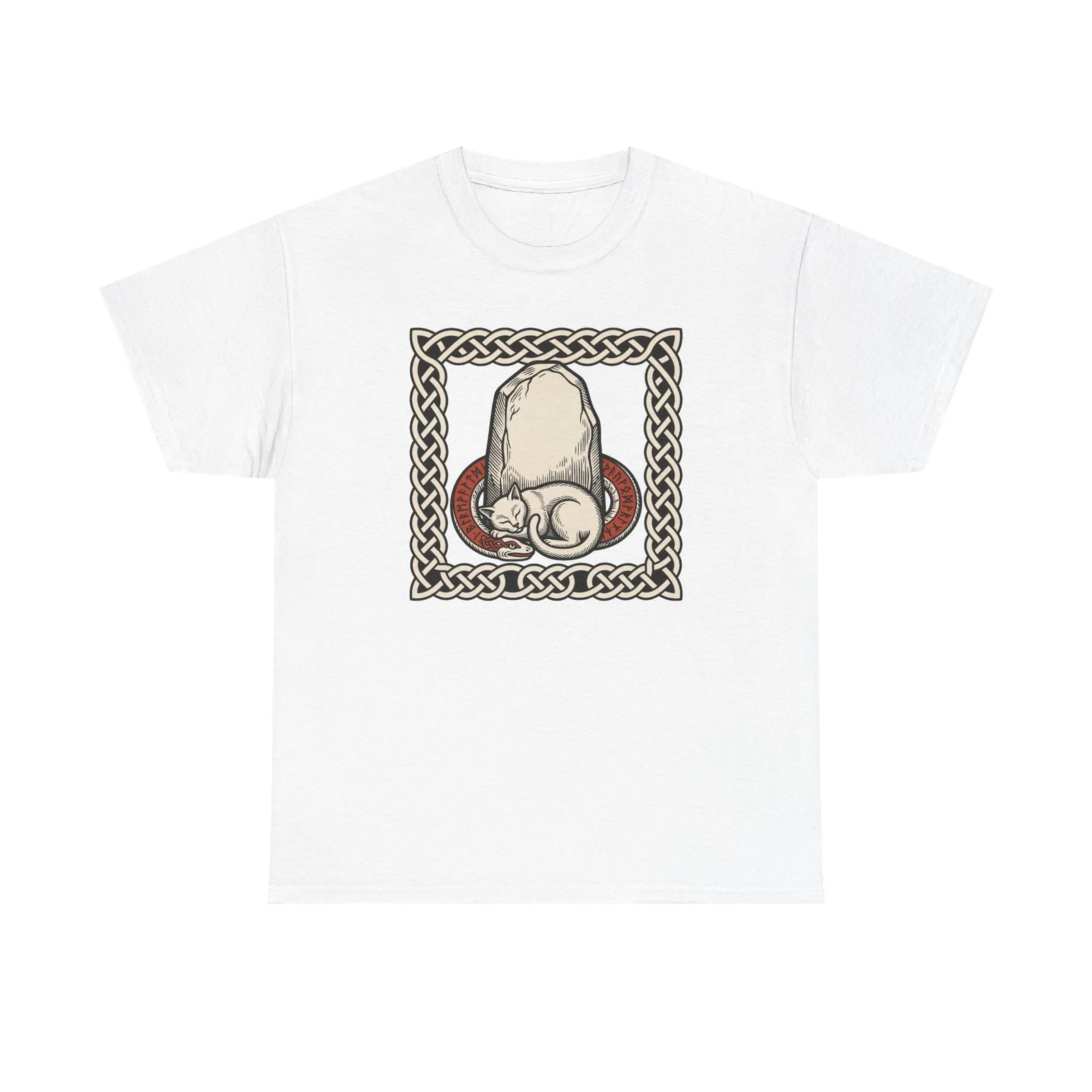 Freyja's Sacred Cat Runestone T-Shirt - Heavy Cotton Classic Fit Tee - Unisex White