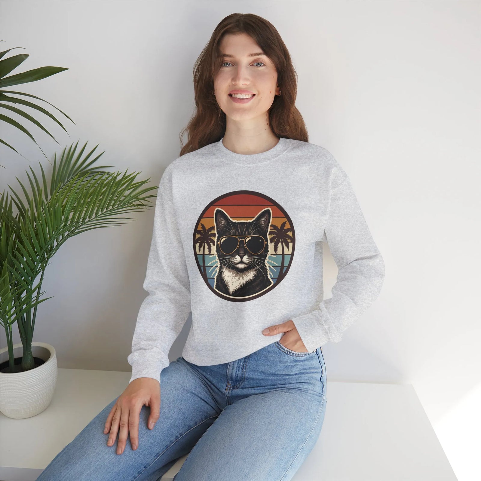 Tuxedo Cats 70s Sunset Sweatshirt - Heavy Blend Fleece Crewneck - Unisex White