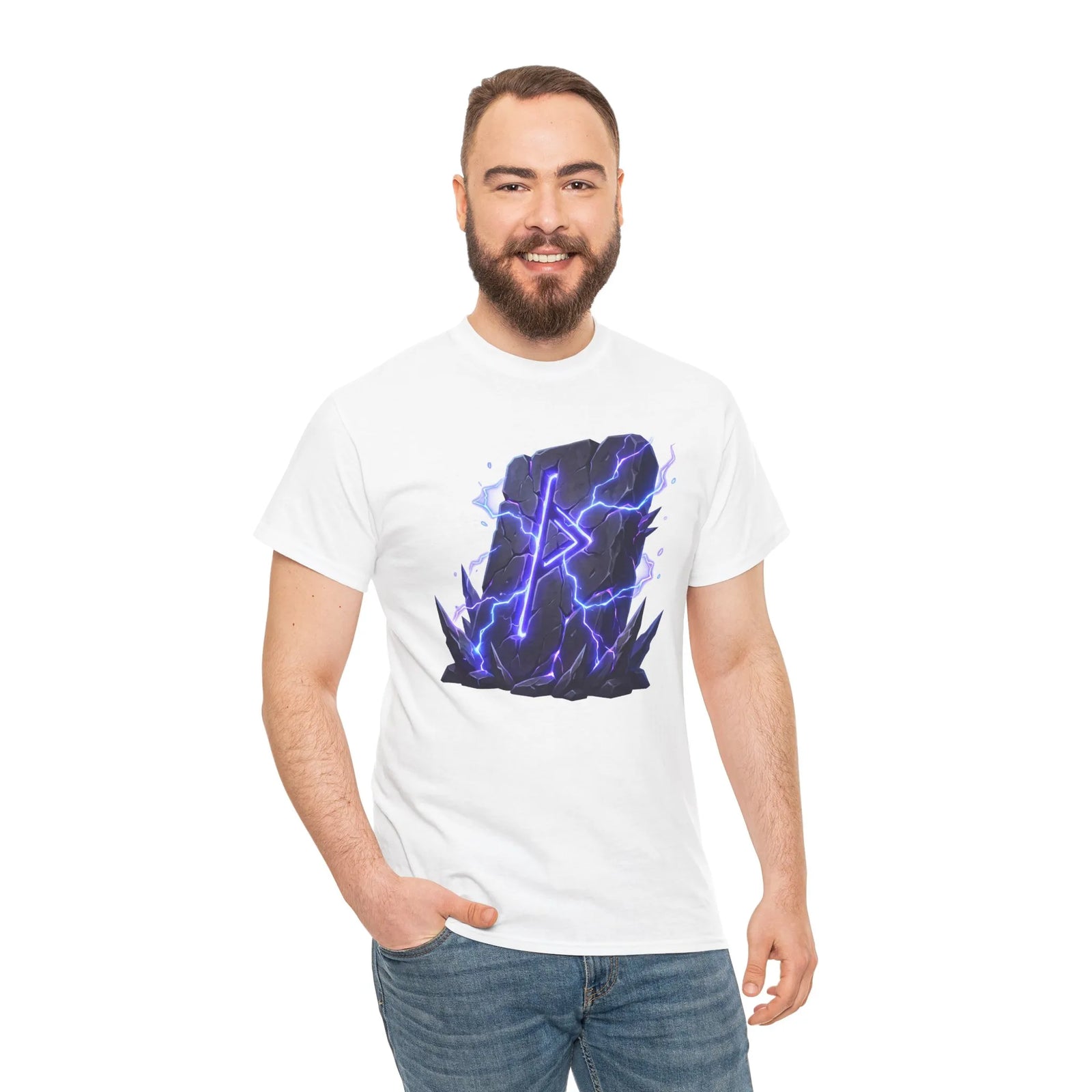 Thurisaz Rune Lightning Graphic T-Shirt - Heavy Cotton Classic Fit Tee - Unisex White