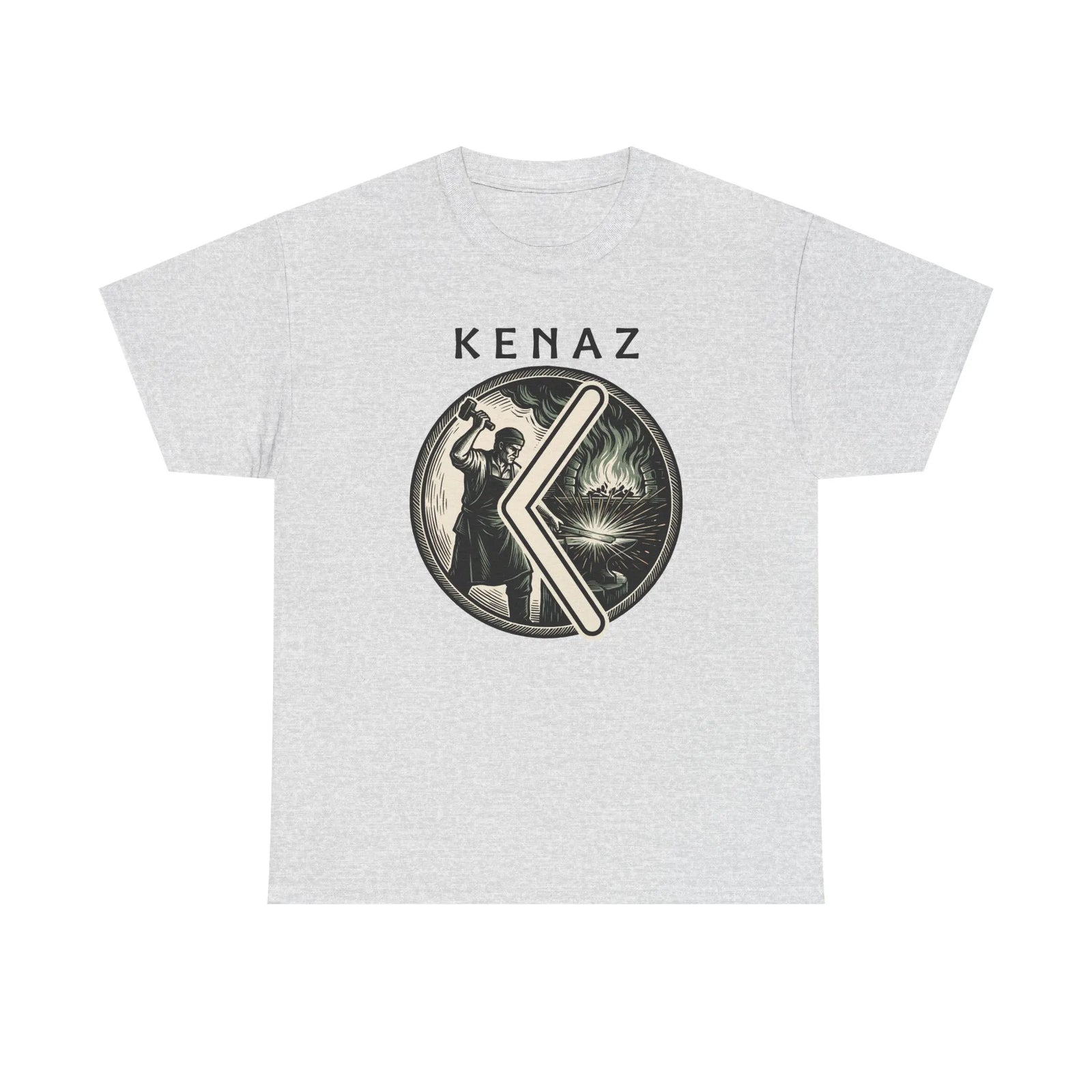 Kenaz Rune Forge Blacksmith T-Shirt - Heavyweight 100% Cotton Classic Fit Tee - Unisex White