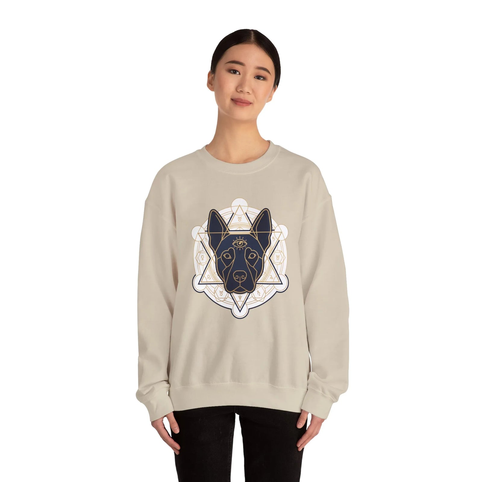 Third Eye Sacred Geometry Spirit Dog Sweatshirt - Heavy Blend Cotton Polyester Crewneck - Unisex White