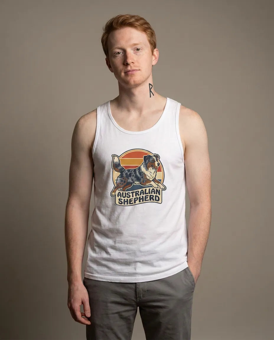 Australian Shepherd Retro Sunset Tank Top - Lightweight Ringspun Jersey - Unisex White