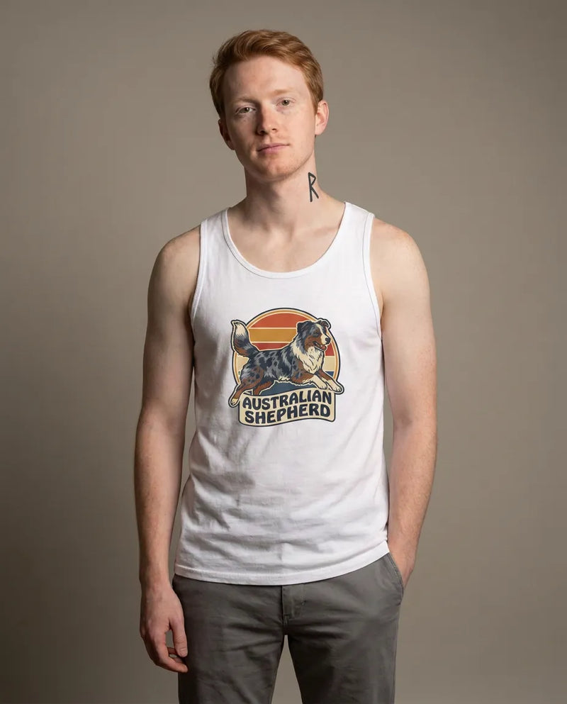 Australian Shepherd Retro Sunset Tank Top - Lightweight Ringspun Jersey - Unisex White