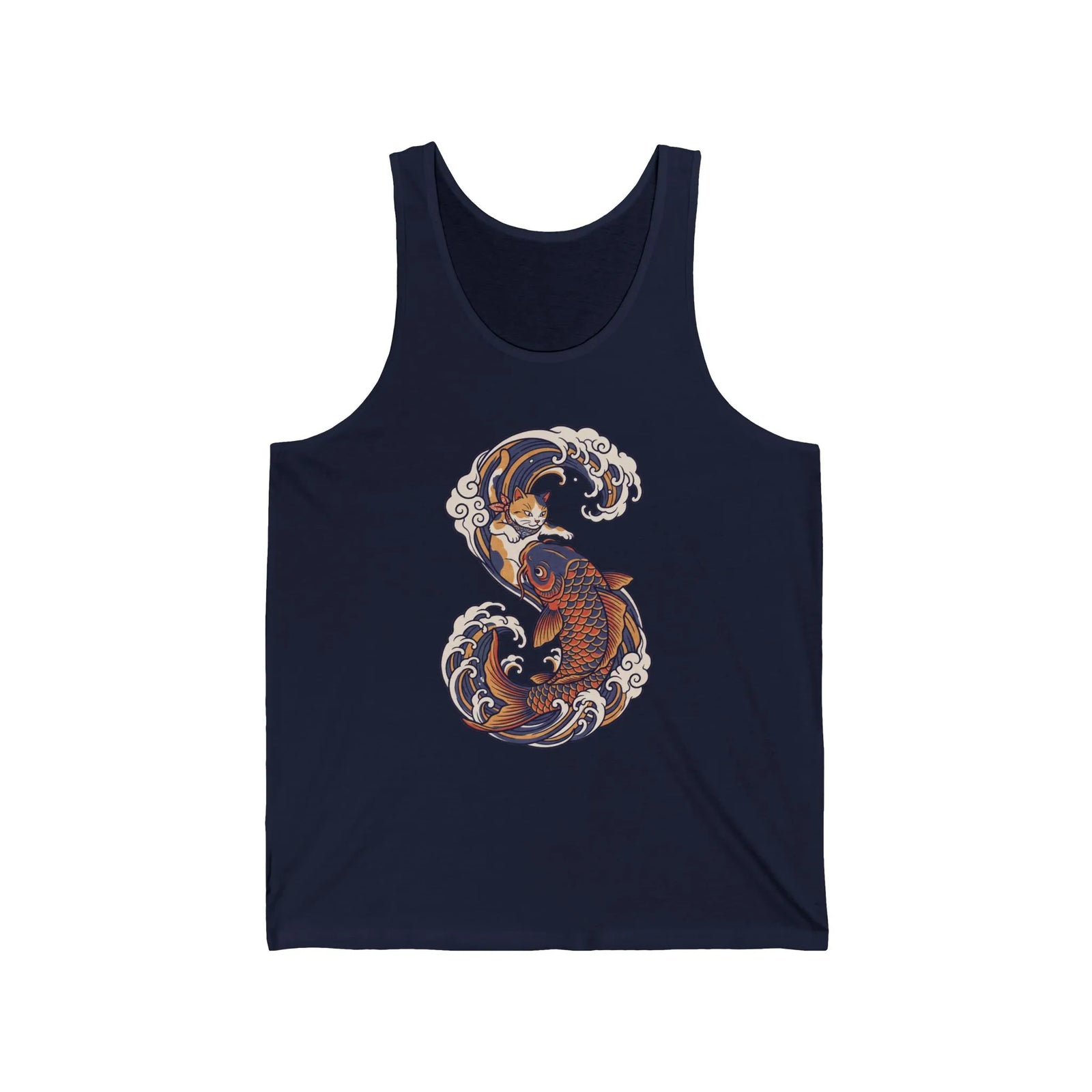Koi Rider Ukiyo-e Samurai Cats Tank Top - Lightweight Combed Cotton Jersey - Unisex White