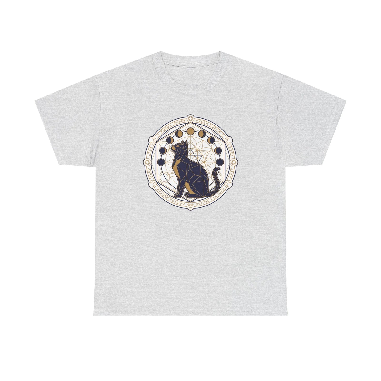 Moon Phases Sacred Geometry Cat Graphic T-Shirt - Heavy Cotton Classic Fit Tee - Unisex White