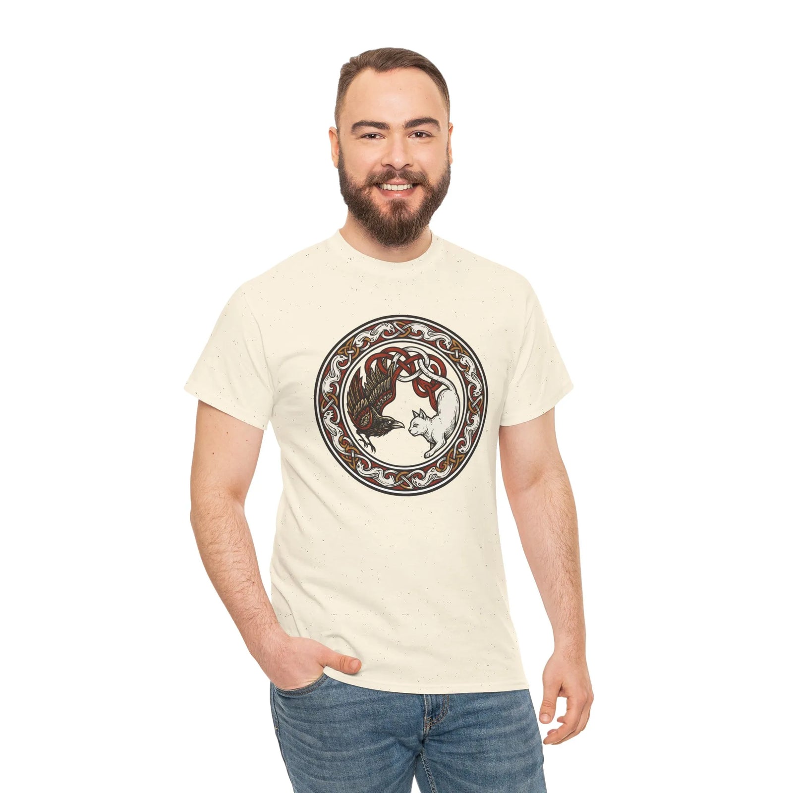 Norse Cat & Raven Woodcut T-Shirt - Heavy Cotton Classic Fit Tee - Unisex White