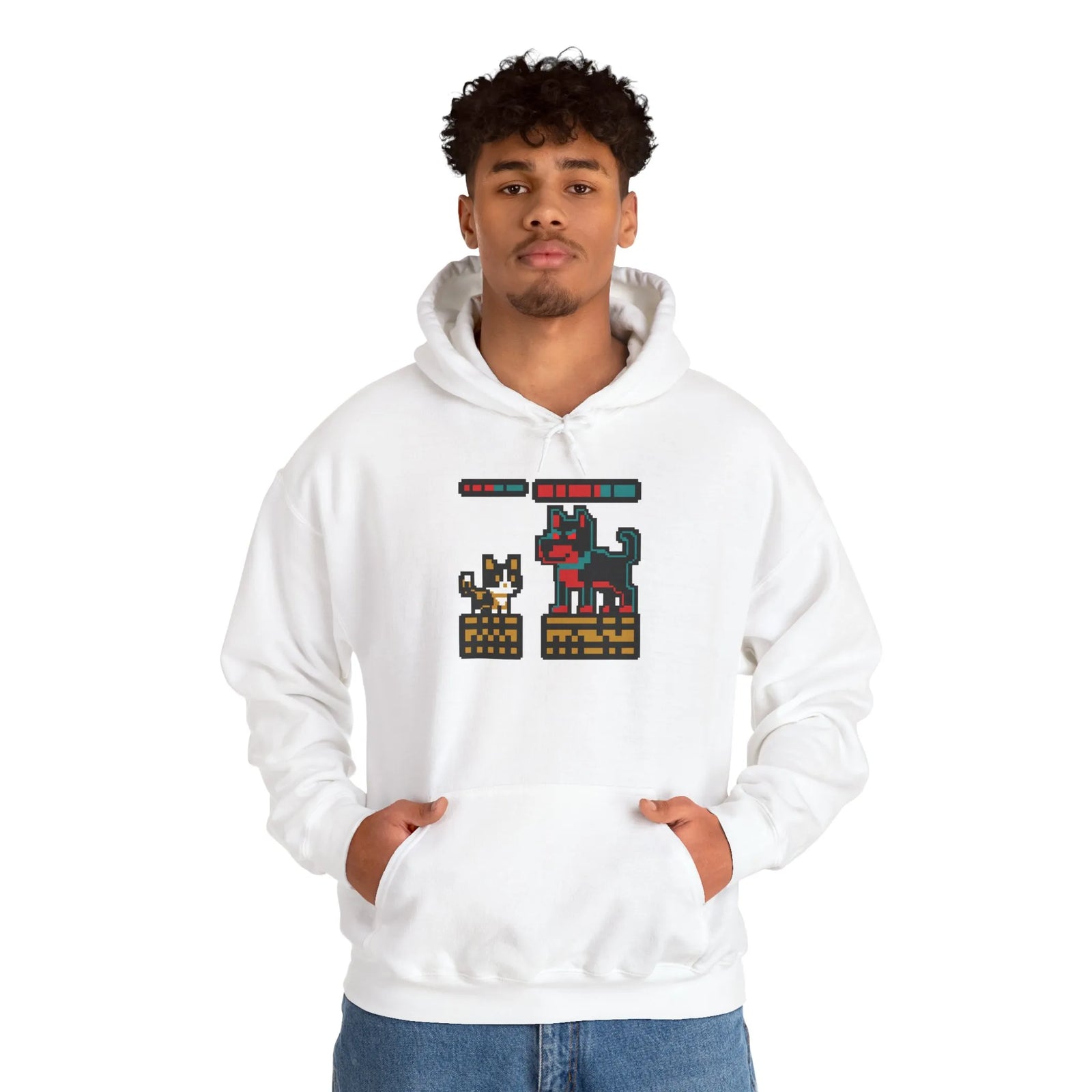 Boss Fight 8-Bit Pixel Gaming Cats Hoodie - Heavy Blend Fleece Pullover - Unisex White