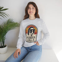 Border Collie Retro Sunset Sweatshirt - Heavy Blend Cotton Blend Crewneck - Unisex White
