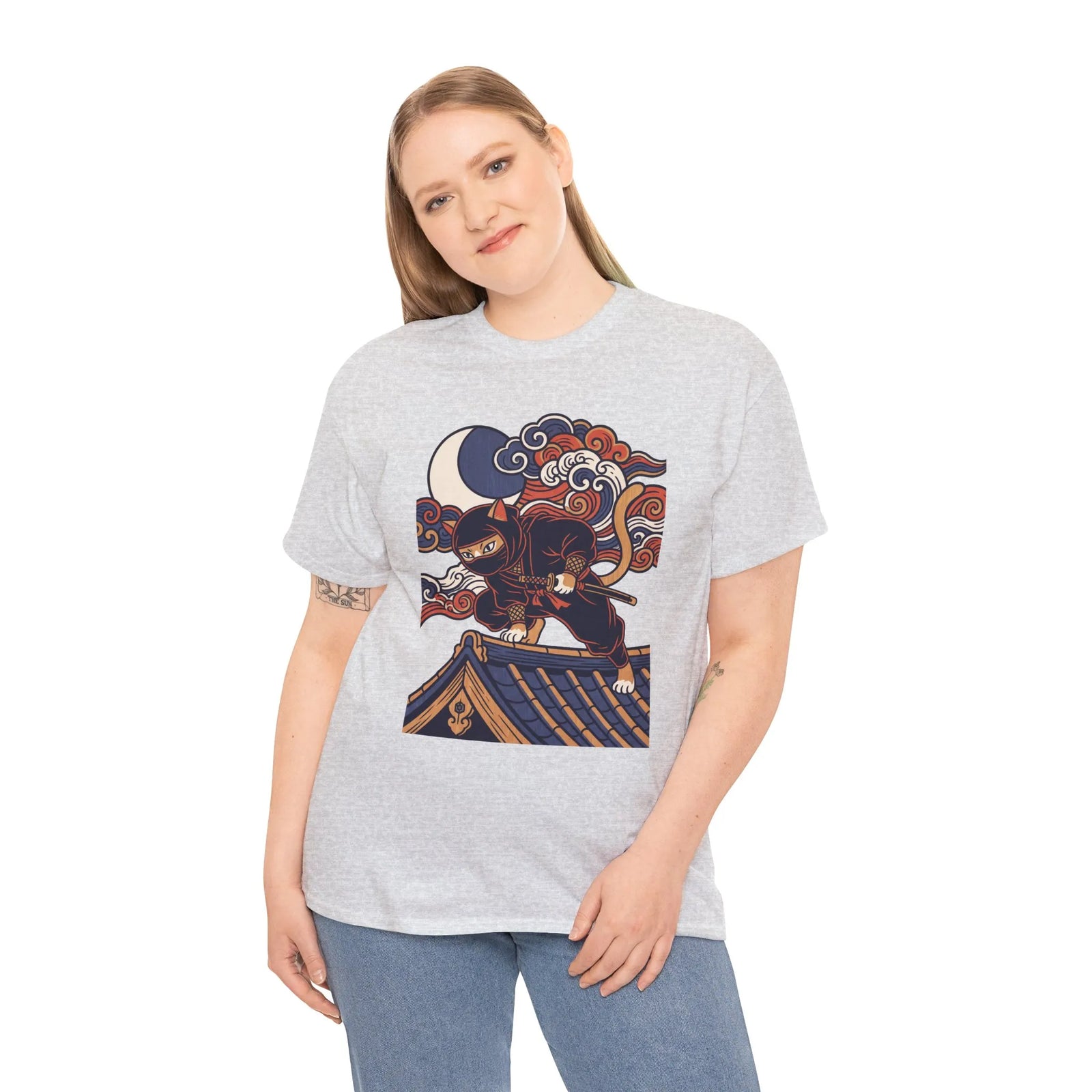 Ukiyo-e Samurai Cat Ninja T-Shirt - 100% Cotton Classic Fit Tee - Unisex White