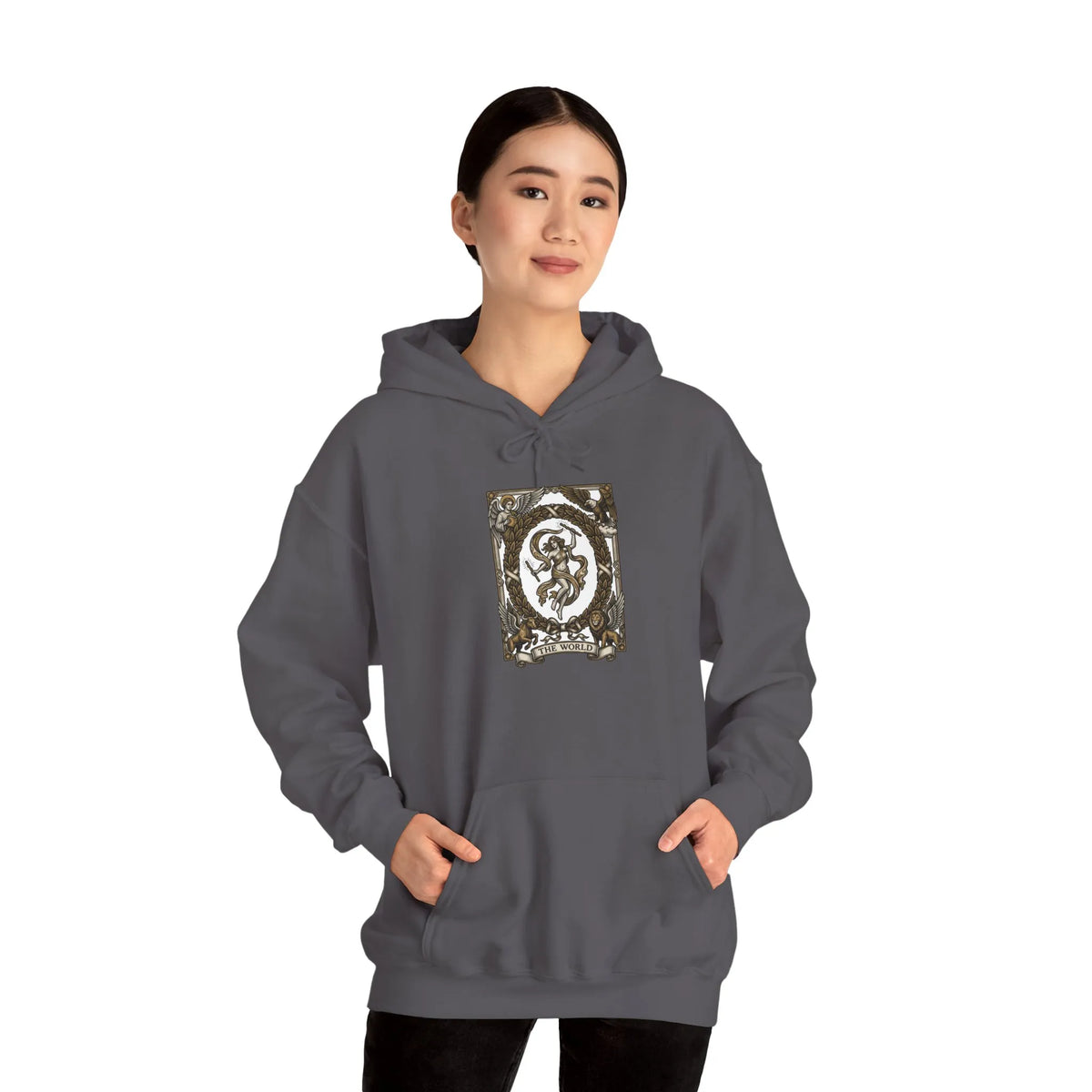 The World Tarot Card Graphic Hoodie - Heavyweight Cotton Blend Pullover - Unisex White