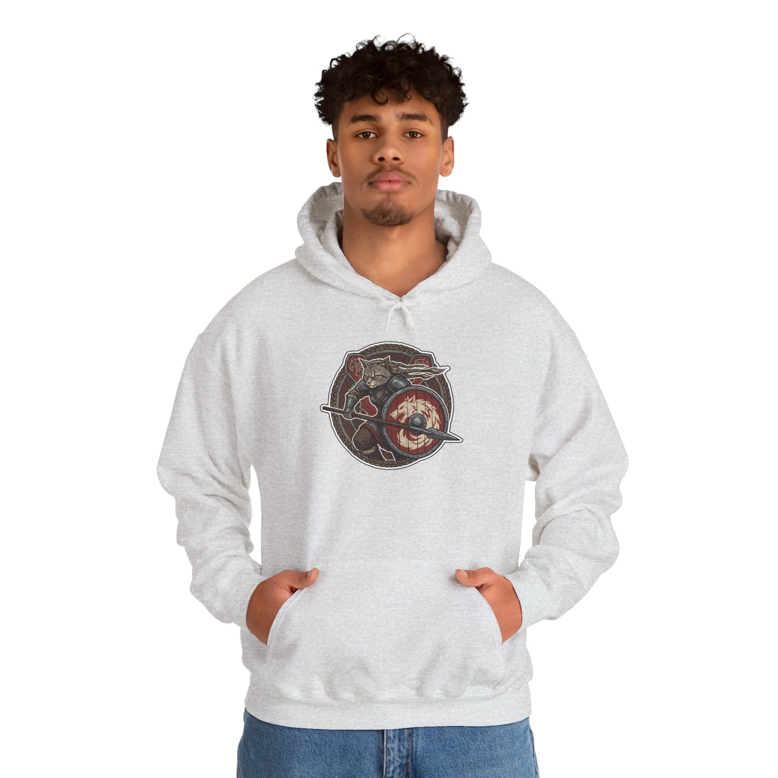 Viking Berserker Cat Shieldmaiden Hoodie - Heavy Blend Fleece Pullover - Unisex White