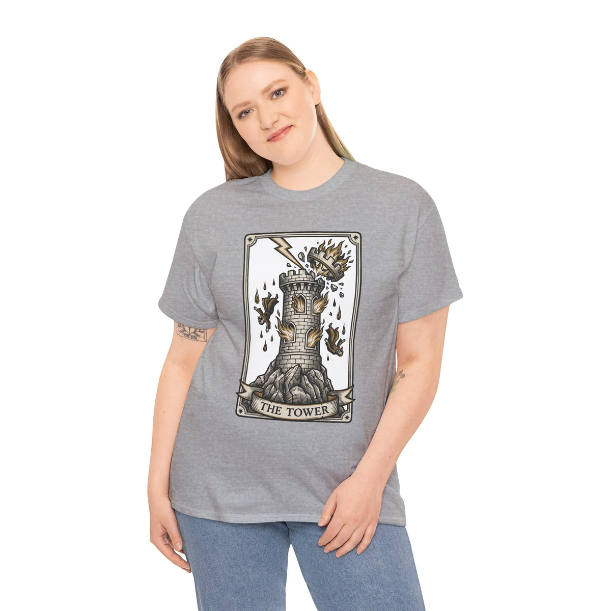 The Tower Tarot Card Graphic T-Shirt - Heavy Cotton Classic Fit Tee - Unisex White