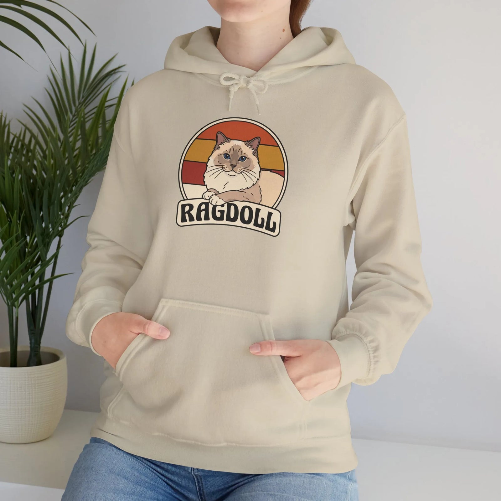 Ragdoll Cat Retro 70s Sunset Hoodie - Soft Blend Fleece Pullover Hoodie - Unisex White