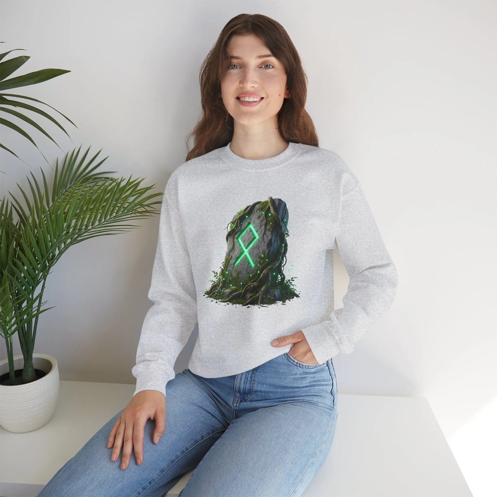 Othala Rune Ancient Stone Sweatshirt - Heavy Blend Cotton Polyester Crewneck - Unisex White