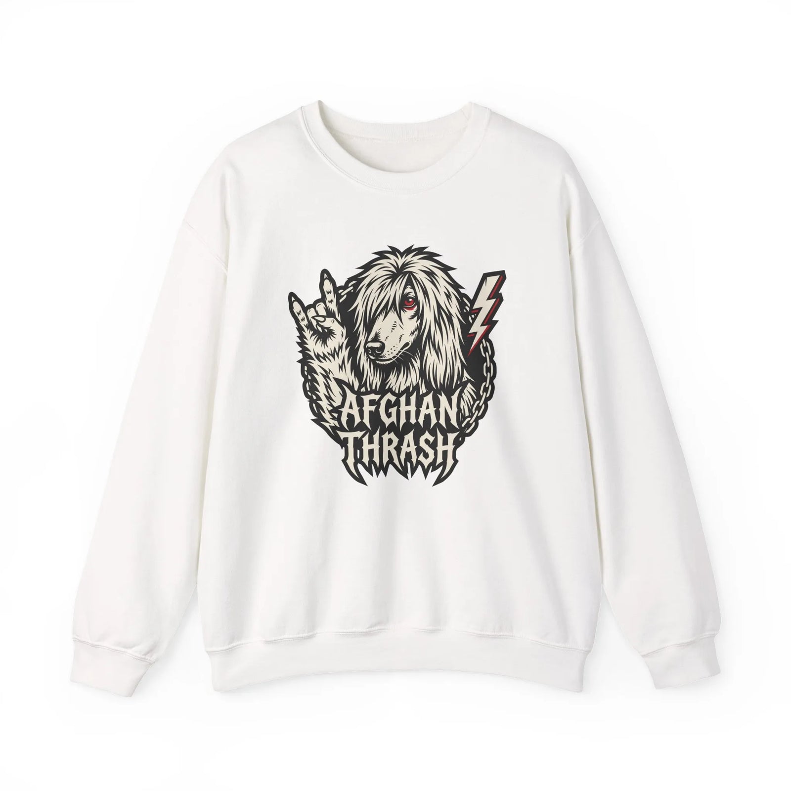 Headbanger Heavy Metal Dog Graphic Sweatshirt - Heavyweight Cotton Blend Fleece - Unisex White