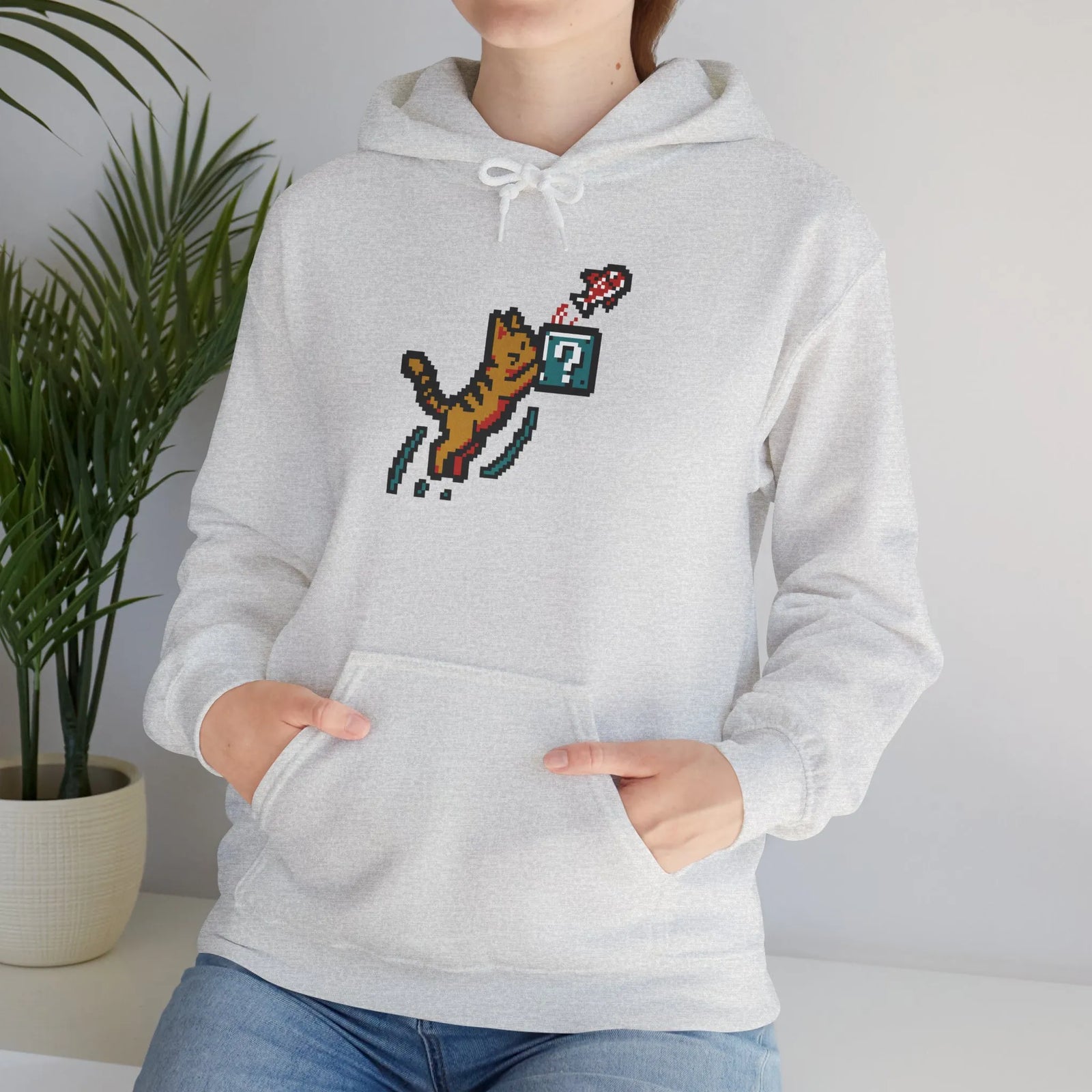 Power Up 8-Bit Pixel Gaming Cats Hoodie - Heavy Blend Fleece Pullover - Unisex White