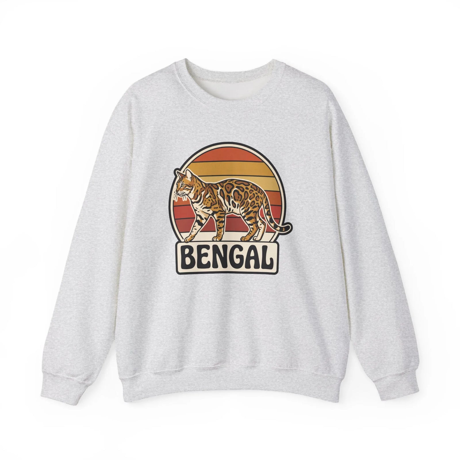 Bengal Cat Retro Sunset Sweatshirt - Classic Fit Heavy Blend Crewneck - Unisex White