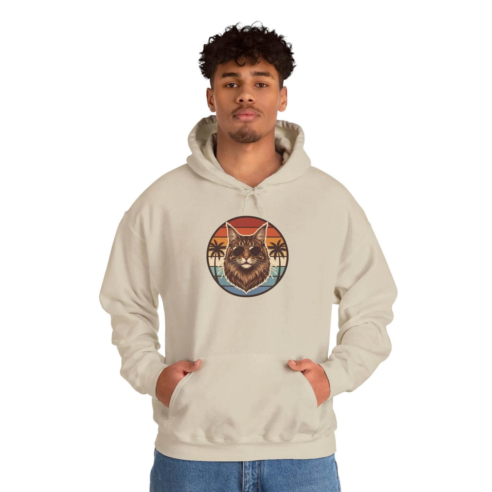 Maine Coon Cat Aviators Sunset Hoodie - Cozy Fleece Blend Pullover - Unisex White