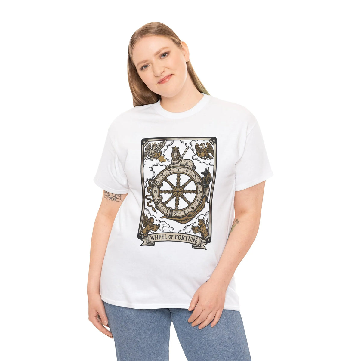 Wheel of Fortune Tarot Graphic T-Shirt - Heavyweight Cotton Classic Fit - Unisex White