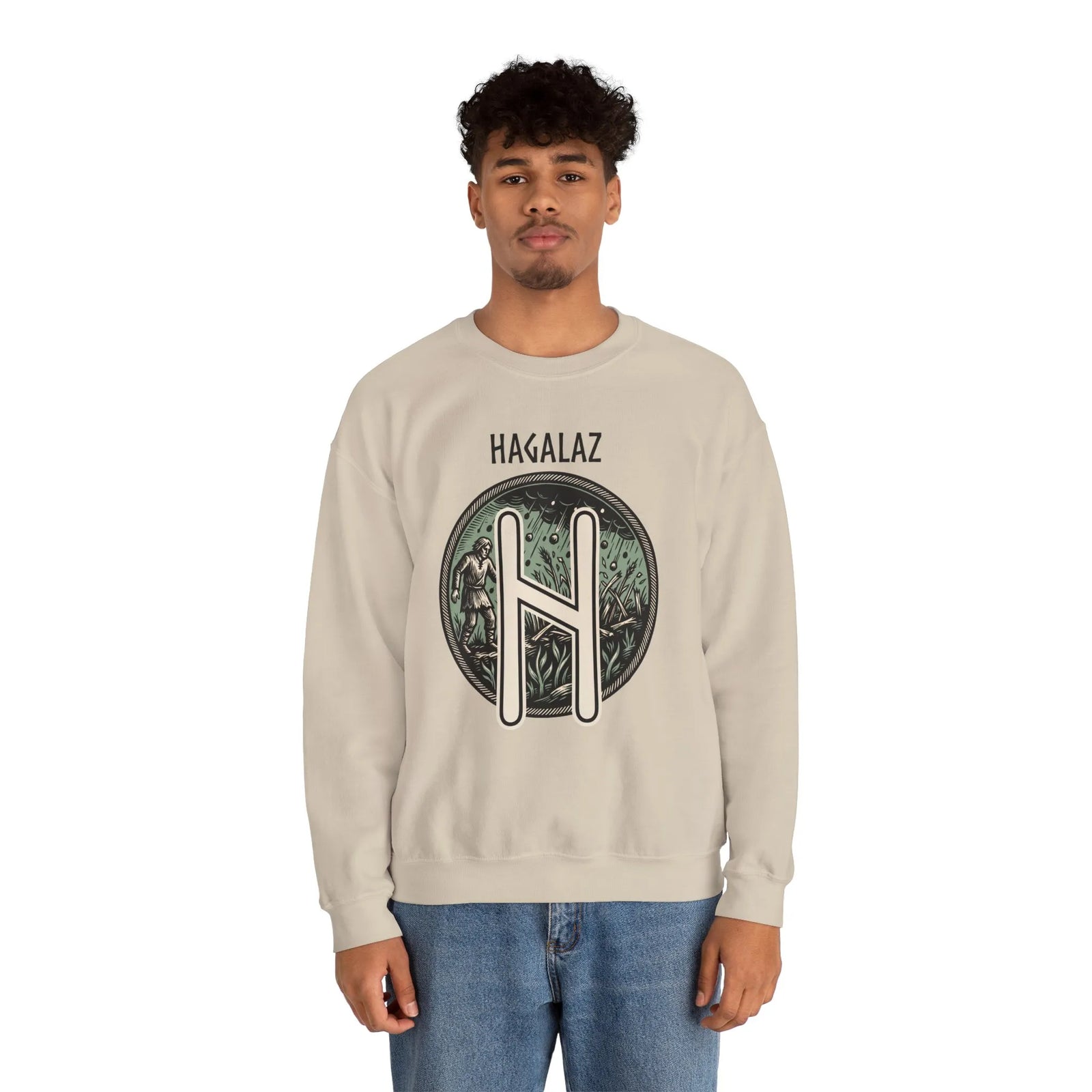 Hagalaz Rune Hail Graphic Sweatshirt - Medium-Heavy Cotton Blend Crewneck - Unisex White