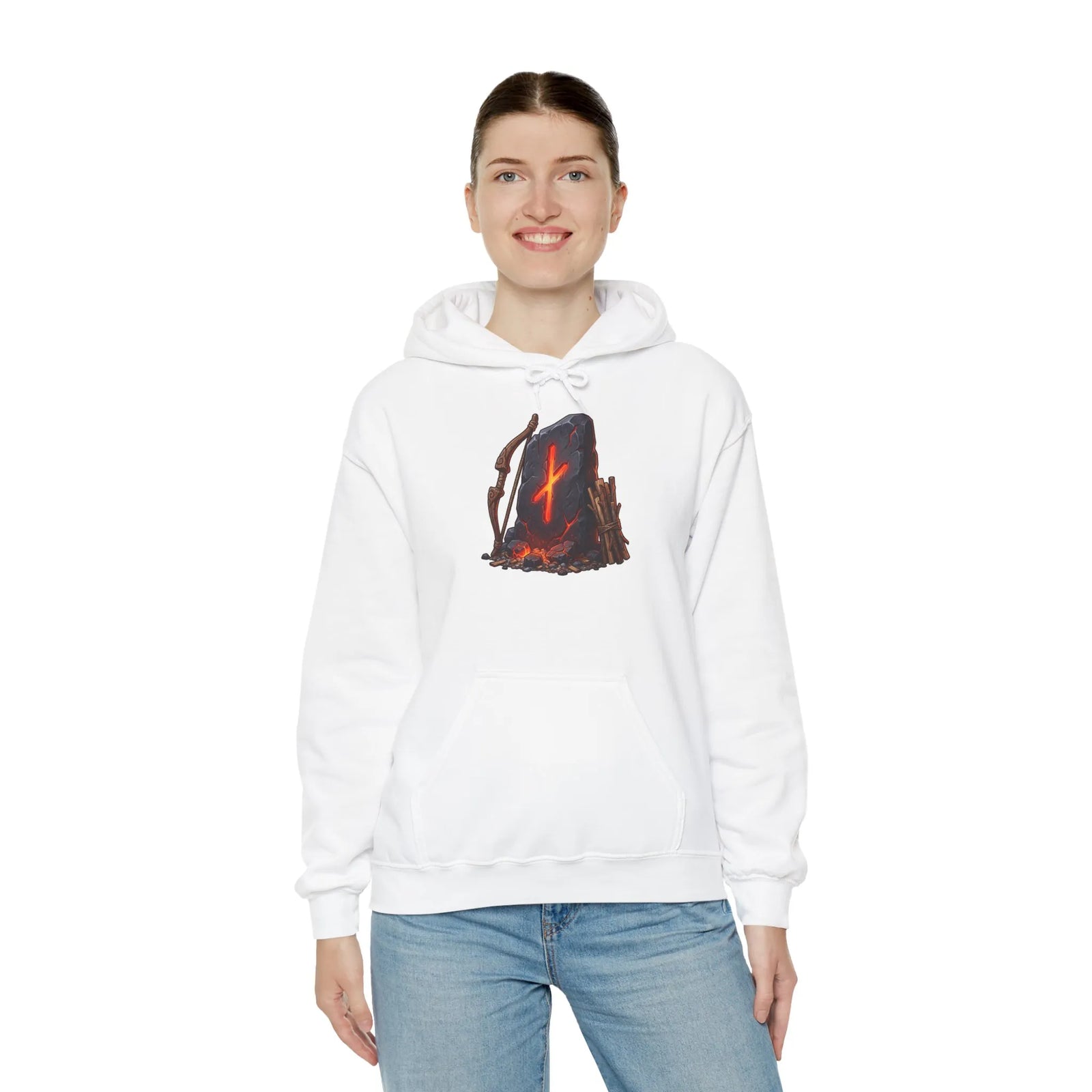 Nauthiz Rune Need-Fire Graphic Hoodie - Soft Cotton Blend Pullover - Unisex White
