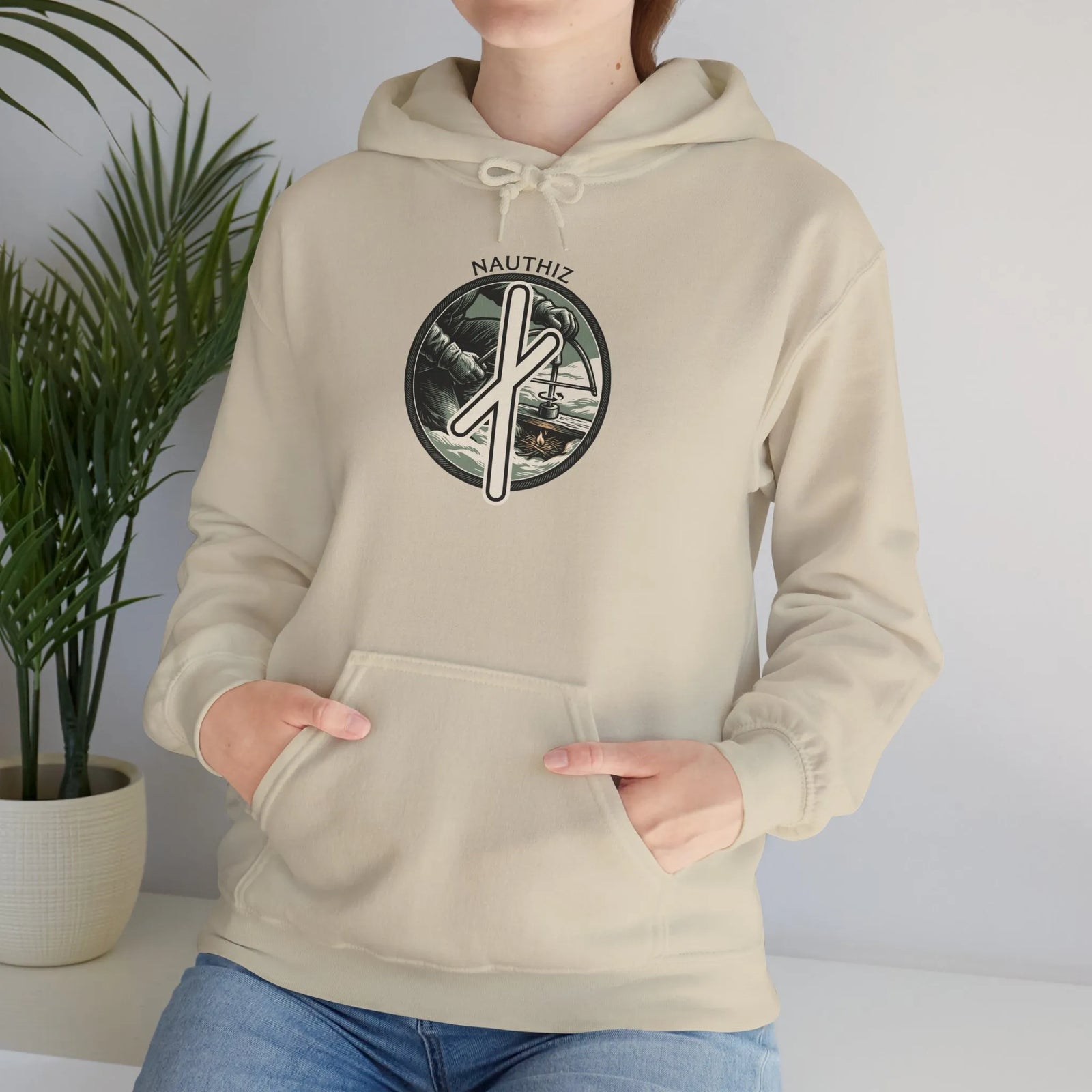 Nauthiz Rune Necessity Graphic Hoodie - Soft Cotton-Poly Fleece Pullover - Unisex White