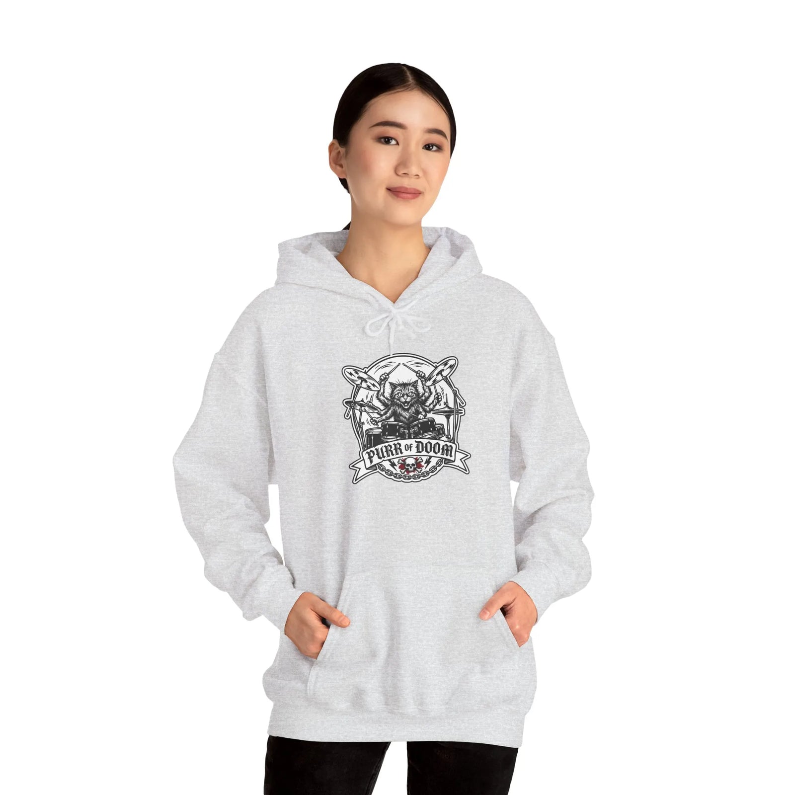 Drummer Heavy Metal Rocker Cats Hoodie - Classic Fit Heavy Blend Fleece - Unisex White
