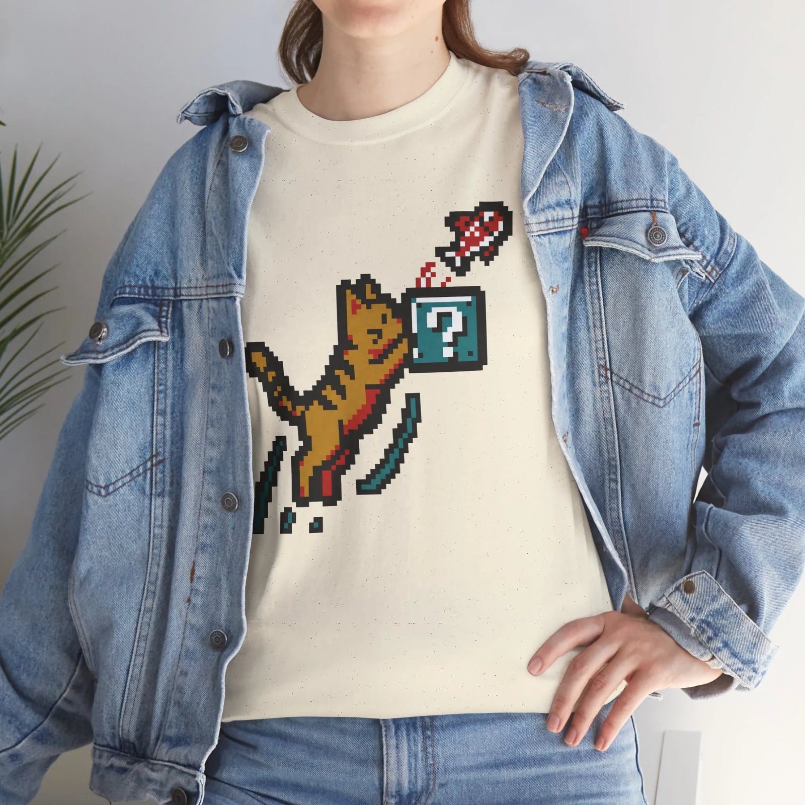 8-Bit Pixel Gaming Cats Graphic T-Shirt - Heavy Cotton Classic Fit Tee - Unisex White