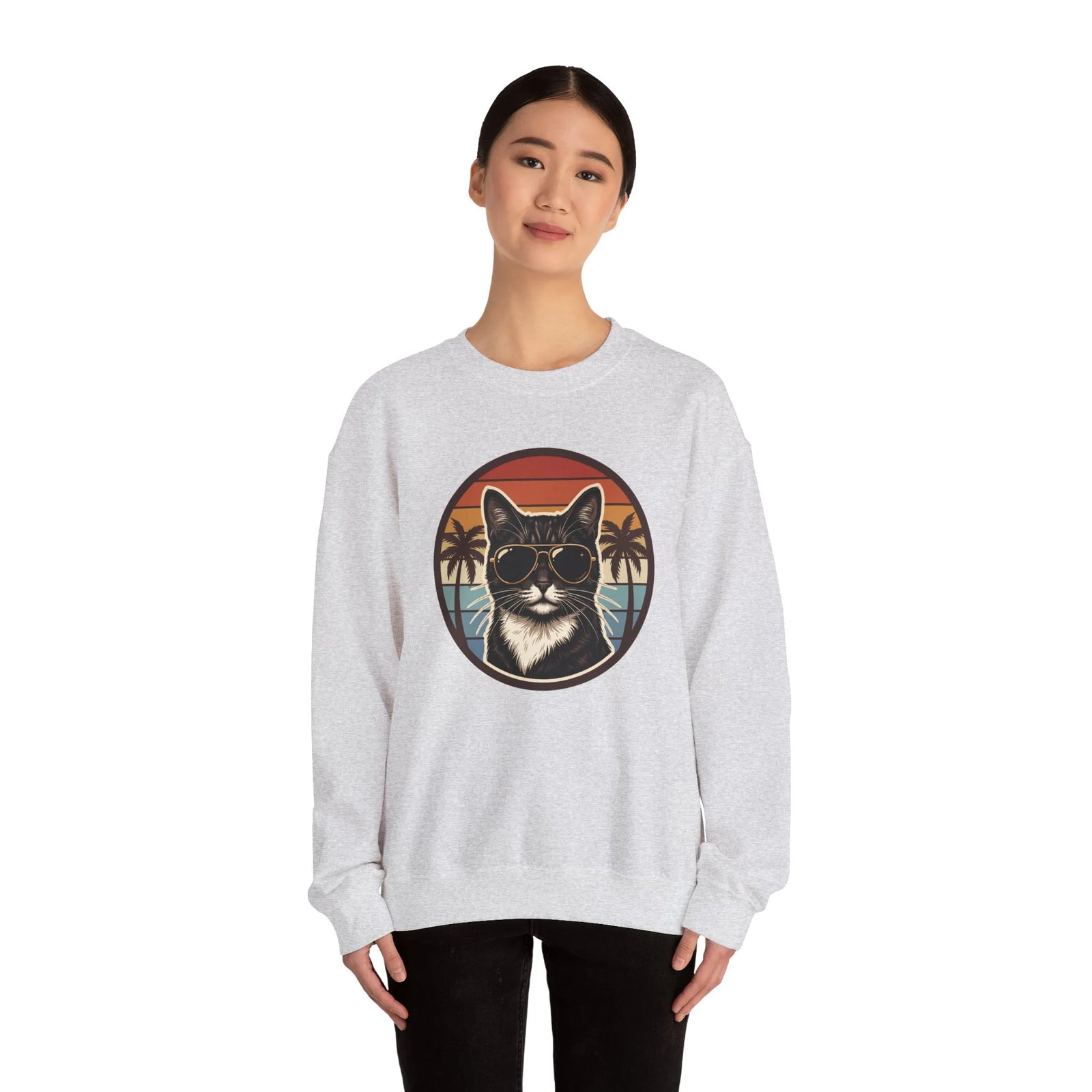 Tuxedo Cats 70s Sunset Sweatshirt - Heavy Blend Fleece Crewneck - Unisex White