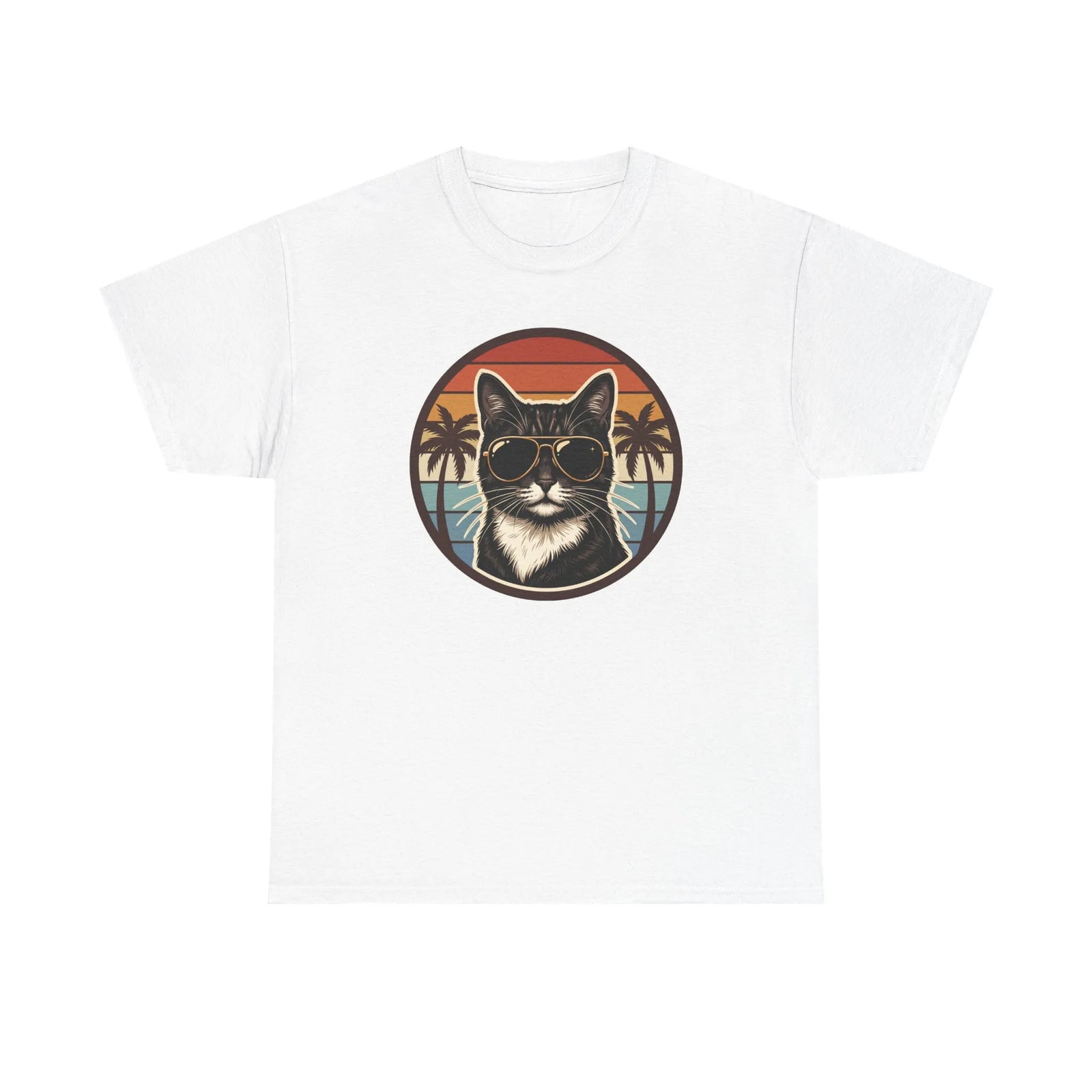 Tuxedo Cool Cats 70s Sunset Aviators T-Shirt - Heavy Cotton Classic Fit Tee - Unisex White