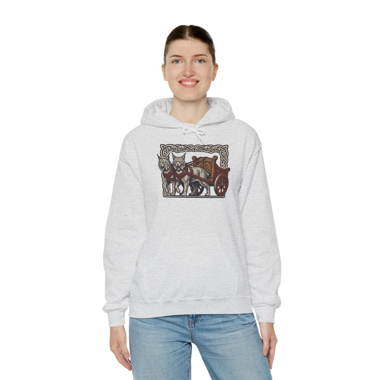 Freyja's Sacred Cats Chariot Graphic Hoodie - Cozy Fleece Pullover Hoodie - Unisex Off White
