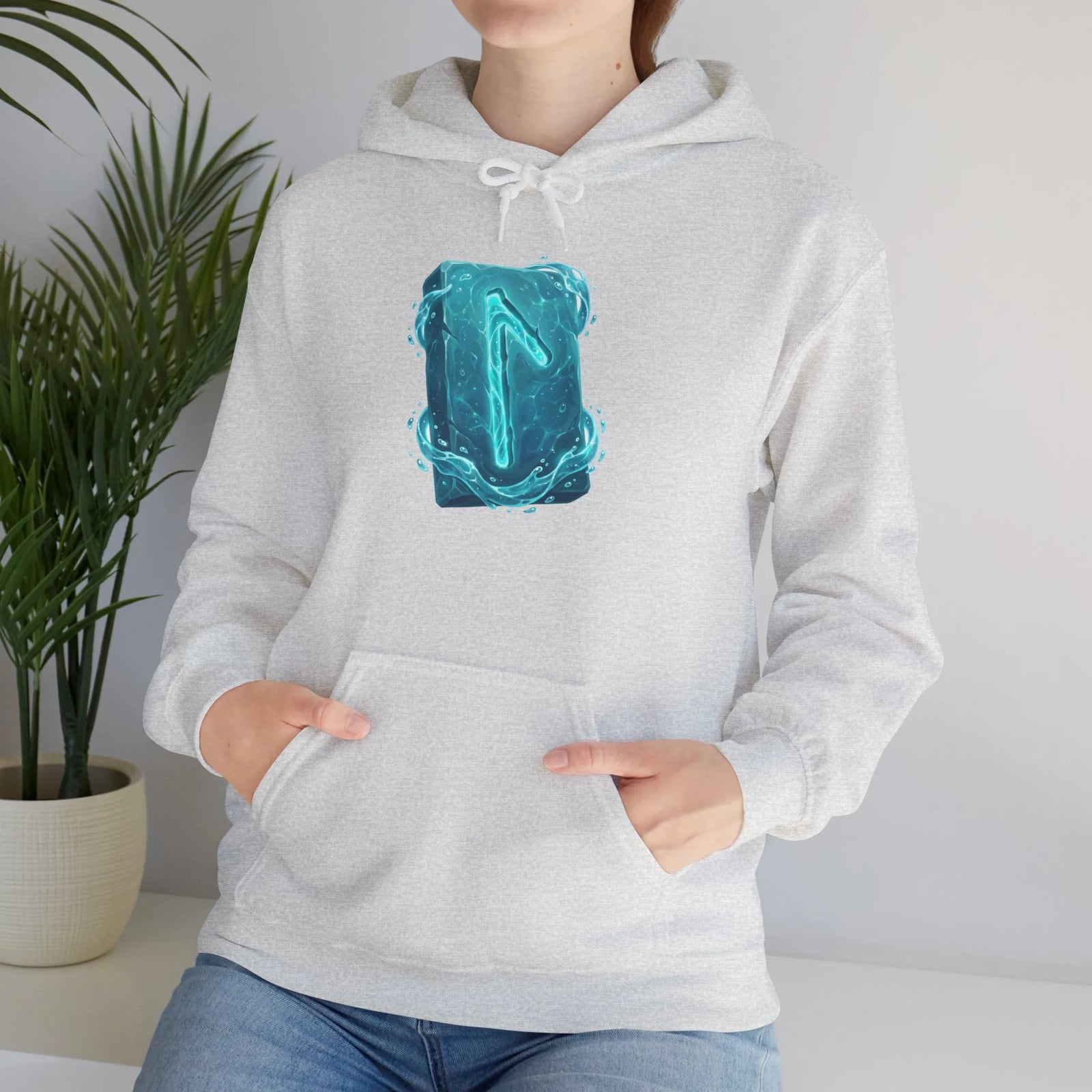 Laguz Water Rune Graphic Hoodie - Soft Fleece Blend Pullover - Unisex White