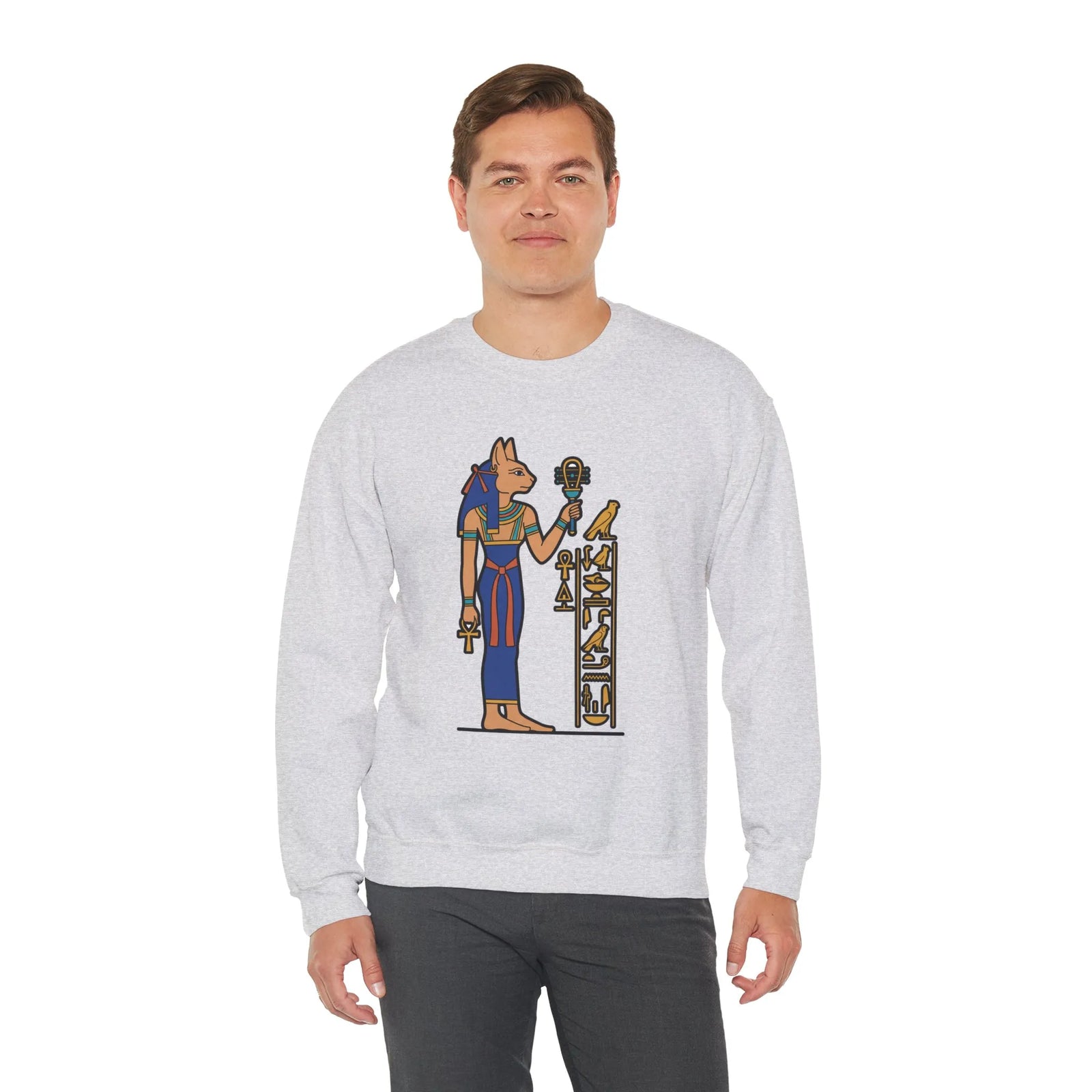 Bastet Sphynx Egyptian Cat Sweatshirt - Heavy Blend Fleece Crewneck - Unisex Ash Gray