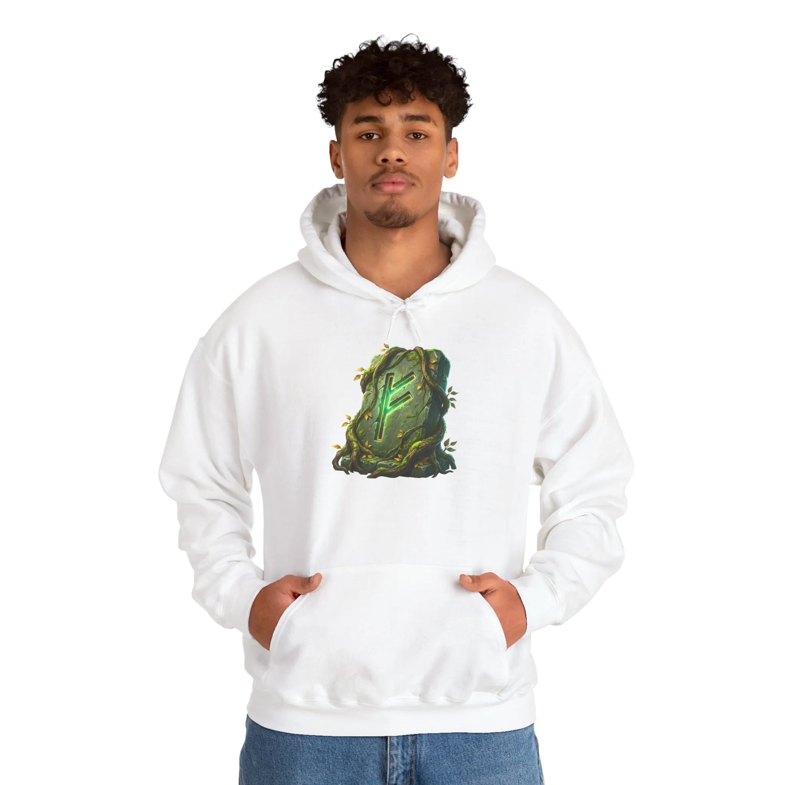 Fehu Rune Norse Symbol Hoodie - Soft Cotton Blend Pullover - Unisex Off White