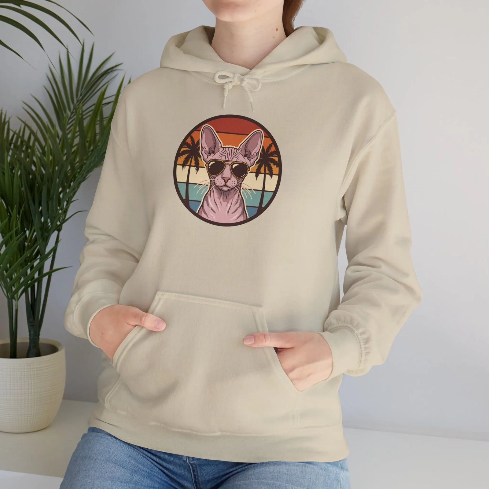 Sphynx Cat 70s Sunset Hoodie - Soft Cotton Blend Classic Fit - Unisex White