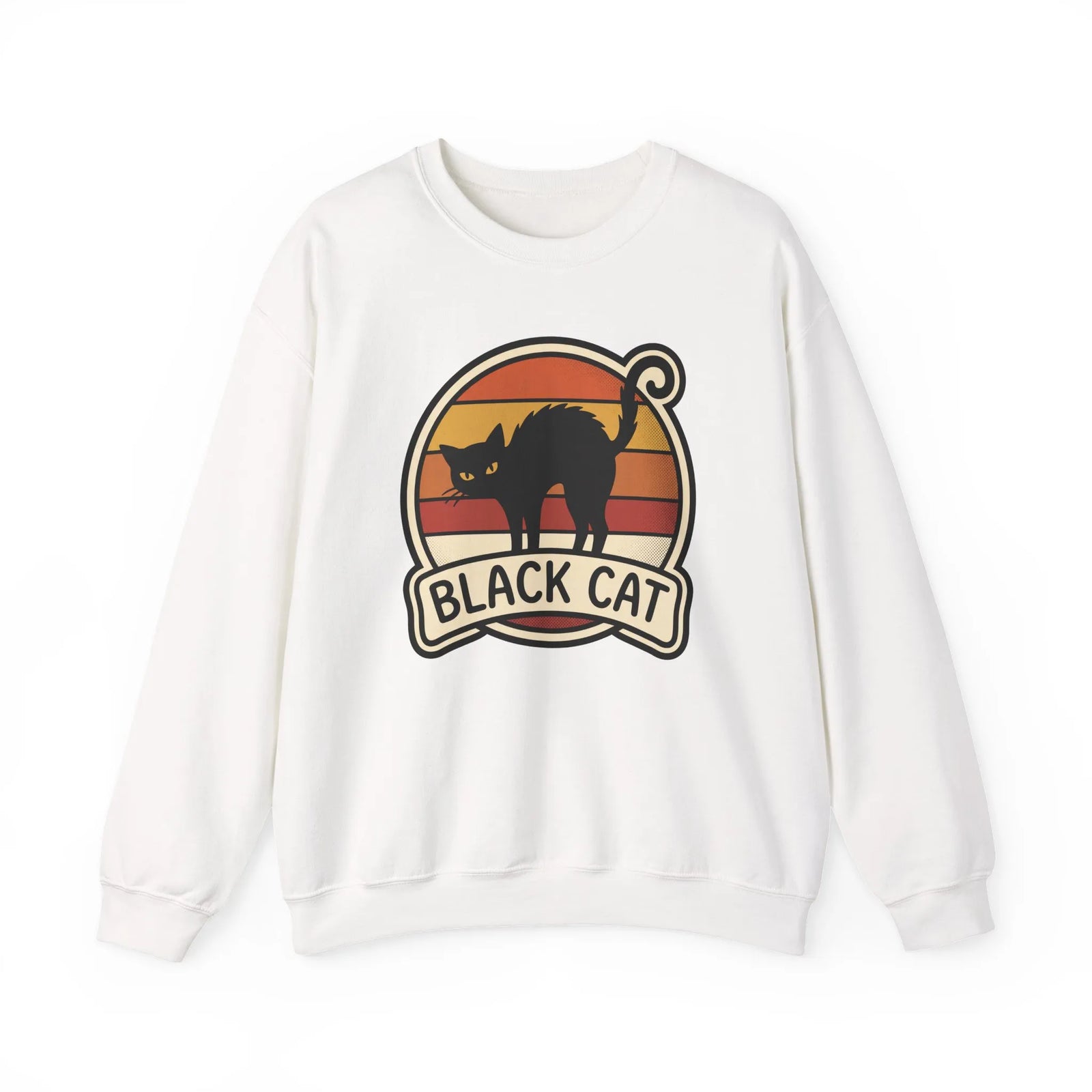 Black Cat Retro Sunset Sweatshirt - Heavy Blend Crewneck Fleece - Unisex White