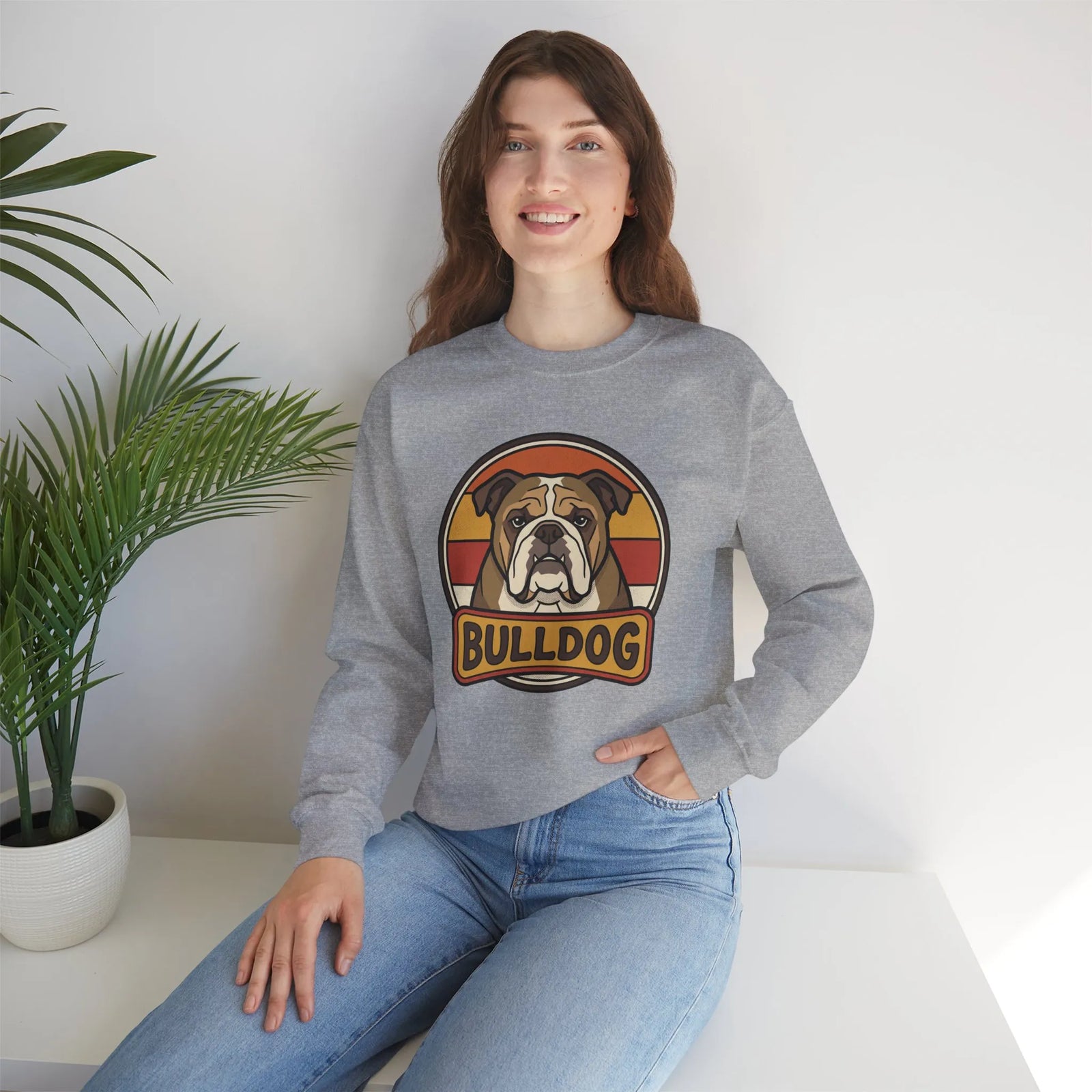 Retro 70s Sunset Bulldog Sweatshirt - Heavy Blend Cotton-Poly Crewneck - Unisex White